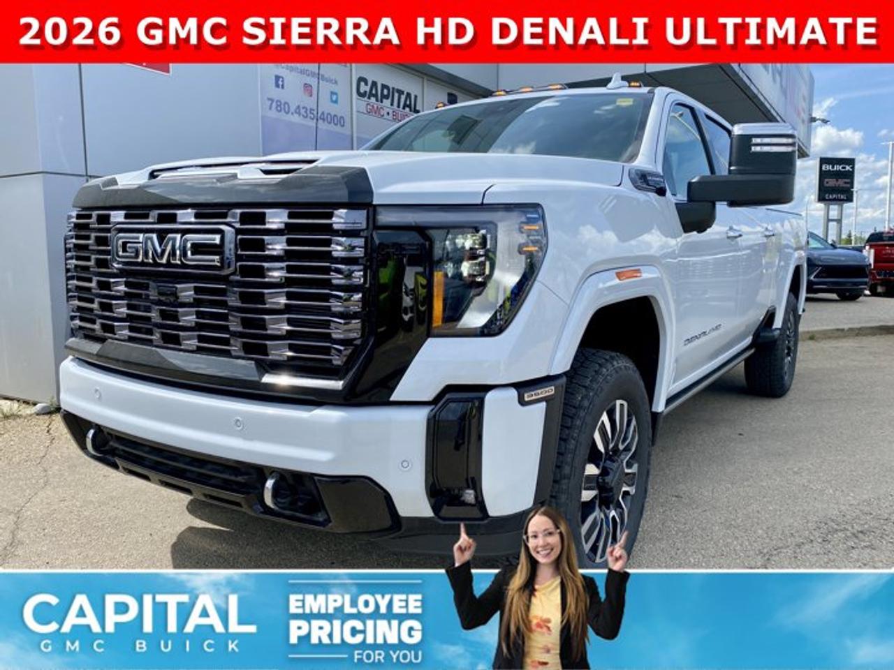 Check out this 2026 GMC SIERRA 3500 HD Denali Ultimate Duramax Diesel... This fully-loaded Heavy Duty comes equipped with every option, including Heated and Cooling Seats, Heated Steering, Power Assist Steps, Exclusive Alpine Umber Interior, Body Color Wheel Arch Moldings, 5th Wheel Prep Package, Power Sunroof, Technology Package, 360 Cam, Rear Streaming Camera Mirror, Heads-up Display, Heated Rear Seats, Adaptive Cruise Control, Wireless Charging, MultiPro Tailgate, and so much more... CALL NOW!Ask for the Internet Department for more information or book your test drive today! Text 507-585-4395 for fast answers at your fingertips!AMVIC Licensed Dealer - Licence Number B1044900