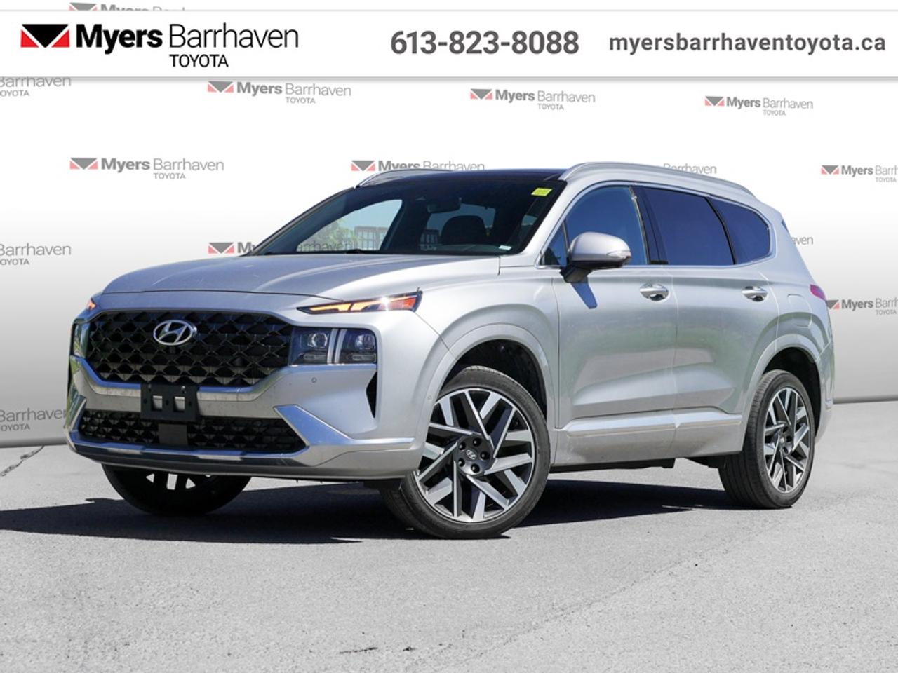 <b>Cooled Seats,  Leather Seats,  Premium Audio,  HUD,  360 Camera!</b><br> <br>  Compare at $30054 - Our Live Market Price is just $28898! <br> <br>Incredible design in and out makes this 2023 Santa Fe striking and fun to drive. This 2023 Hyundai Santa Fe is fresh on our lot in Ottawa.<br> <br>Refinement wrapped in ruggedness, capability married to style, and adventure ready attitude paired to a comfortable drive. These things make this 2023 Santa Fe an amazing SUV. If you need a ready to go SUV that makes every errand an adventure and makes every adventure a journey, this 2023 Santa Fe was made for you.<br> <br>This SUV has 108,271 km. Its Shimmering Silv in colour. It has an Automatic transmission and is powered by a 281HP 2.5L 4 Cylinder Engine. <br> <br> Our Santa Fes trim level is Ultimate Calligraphy AWD. Presenting the ultimate Santa Fe experience, this Ultimate Calligraphy trim rewards you with Nappa leather upholstery, ventilated and heated seats with power adjustment and lumbar support, a sonorous 12-speaker Harman Kardon premium audio system, a drivers heads up display unit, a 360-degree camera system and a power liftgate, along with an express open/close glass sunroof, a heated leather-wrapped steering wheel, proximity keyless entry with remote start, LED lights with automatic high beams, and a 10.25-inch infotainment screen bundled with Apple CarPlay and Android Auto, and navigation. Road safety is assured thanks to blind spot detection, adaptive cruise control, lane keeping assist, lane departure warning, forward and rear collision mitigation, rear parking sensors, and a rear view camera. Additional features include towing equipment with trailer sway control, dual-zone climate control, and even more. This vehicle has been upgraded with the following features: Cooled Seats, Leather Seats, Premium Audio, HUD, 360 Camera, Power Liftgate, Sunroof.<br> <br>To apply right now for financing use this link: <a href=https://www.myersbarrhaventoyota.ca/quick-approval/ target=_blank>https://www.myersbarrhaventoyota.ca/quick-approval/</a><br> <br/>Buy this vehicle now for the lowest bi-weekly payment of <b>$207.54</b> with $0 down for 84 months @ 7.99% APR O.A.C. ( Plus applicable taxes - Plus applicable fees ). See dealer for details. <br><br>At Myers Barrhaven Toyota we pride ourselves in offering highly desirable pre-owned vehicles. We truly hand pick all our vehicles to offer only the best vehicles to our customers. No two used cars are alike, this is why we have our trained Toyota technicians highly scrutinize all our trade ins and purchases to ensure we can put the Myers seal of approval. Every year we evaluate 1000s of vehicles and only 10-15% meet the Myers Barrhaven Toyota standards. At the end of the day we have mutual interest in selling only the best as we back all our pre-owned vehicles with the Myers *LIFETIME ENGINE TRANSMISSION warranty. Thats right *LIFETIME ENGINE TRANSMISSION warranty, were in this together! If we dont have what youre looking for not to worry, our experienced buyer can help you find the car of your dreams! Ever heard of getting top dollar for your trade but not really sure if you were? Here we leave nothing to chance, every trade-in we appraise goes up onto a live online auction and we get buyers coast to coast and in the USA trying to bid for your trade. This means we simultaneously expose your car to 1000s of buyers to get you top trade in value. <br>We service all makes and models in our new state of the art facility where you can enjoy the convenience of our on-site restaurant, shuttle van, free Wi-Fi, Enterprise Rent-A-Car, on-site tire storage, and complimentary drinks. Come see why many Toyota owners are making the switch to Myers Barrhaven Toyota. <br>*LIFETIME ENGINE TRANSMISSION WARRANTY NOT AVAILABLE FOR VEHICLES WITH KMS EXCEEDING 140,000KM, VEHICLES 8 YEARS & OLDER, HIGHLINE BRAND VEHICLES (e.g., BMW, INFINITI, CADILLAC, LEXUS), AND QUEBEC RESIDENTS.<br> Come by and check out our fleet of 100+ used cars and trucks and 20+ new cars and trucks for sale in Ottawa.  o~o