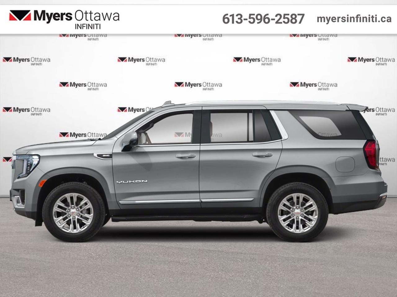 <b>Leather Seats,  Cooled Seats,  Power Liftgate,  Lane Keep Assist,  Remote Start!</b><br> <br>  Compare at $71065 - Our Price is just $68995! <br> <br>Truly an all-purpose vehicle, this GMC Yukon carries a ton of passengers and cargo with ease, and looks good doing it. This 2023 GMC Yukon is fresh on our lot in Ottawa.<br> <br>This GMC Yukon is a traditional full-size SUV thats thoroughly modern. With its truck-based body-on-frame platform, its every bit as tough and capable as a full size pickup truck. The handsome exterior and well-appointed interior are what make this SUV a desirable family hauler. This GMC Yukon sits above the competition in tech, features and aesthetics while staying capable and comfortable enough to take the whole family and a camper along for the adventure.<br> <br>This SUV has 88,509 km. Its Sterling Metall in colour and is completely accident free based on the <a href=https://vhr.carfax.ca/?id=9bLjhW3oHi7ycZxa76Goj6Cb08FVntNs target=_blank>CARFAX Report</a>. It has an Automatic transmission and is powered by a 355HP 5.3L 8 Cylinder Engine. <br> <br> Our Yukons trim level is SLT. Stepping up to this Yukon SLT is a great choice as it comes perfectly paired with style and functionality. It comes loaded with premium features like a cooled leather seats, wireless charging, premium smooth riding suspension, an large 10.2 inch colour touchscreen featuring wireless Apple CarPlay, Android Auto and a Bose premium audio system, unique aluminum wheels, LED headlights and convenient side assist steps. This gorgeous SUV also includes a leather steering wheel, power liftgate, 12-way power front seats with lumbar support, 4G WiFi hotspot, GMC Connected Access, an HD rear view camera, remote engine start, Teen Driver Technology, front pedestrian braking, front and rear parking assist, lane keep assist with lane departure warning, tow/haul mode, trailering equipment, fog lamps and plenty of cargo room! This vehicle has been upgraded with the following features: Leather Seats, Cooled Seats, Power Liftgate, Lane Keep Assist, Remote Start, Wireless Charging, Android Auto.<br> <br>To apply right now for financing use this link: <a href=https://www.myersinfiniti.ca/finance/ target=_blank>https://www.myersinfiniti.ca/finance/</a><br> <br/>Buy this vehicle now for the lowest bi-weekly payment of <b>$577.92</b> with $0 down for 84 months @ 8.99% APR O.A.C. ( taxes included, and licensing fees ). See dealer for details. <br><br>*LIFETIME ENGINE TRANSMISSION WARRANTY NOT AVAILABLE ON VEHICLES WITH KMS EXCEEDING 140,000KM, VEHICLES 8 YEARS & OLDER, OR HIGHLINE BRAND VEHICLE(eg. BMW, INFINITI. CADILLAC, LEXUS...)<br> Come by and check out our fleet of 50+ used cars and trucks and 90+ new cars and trucks for sale in Ottawa.  o~o