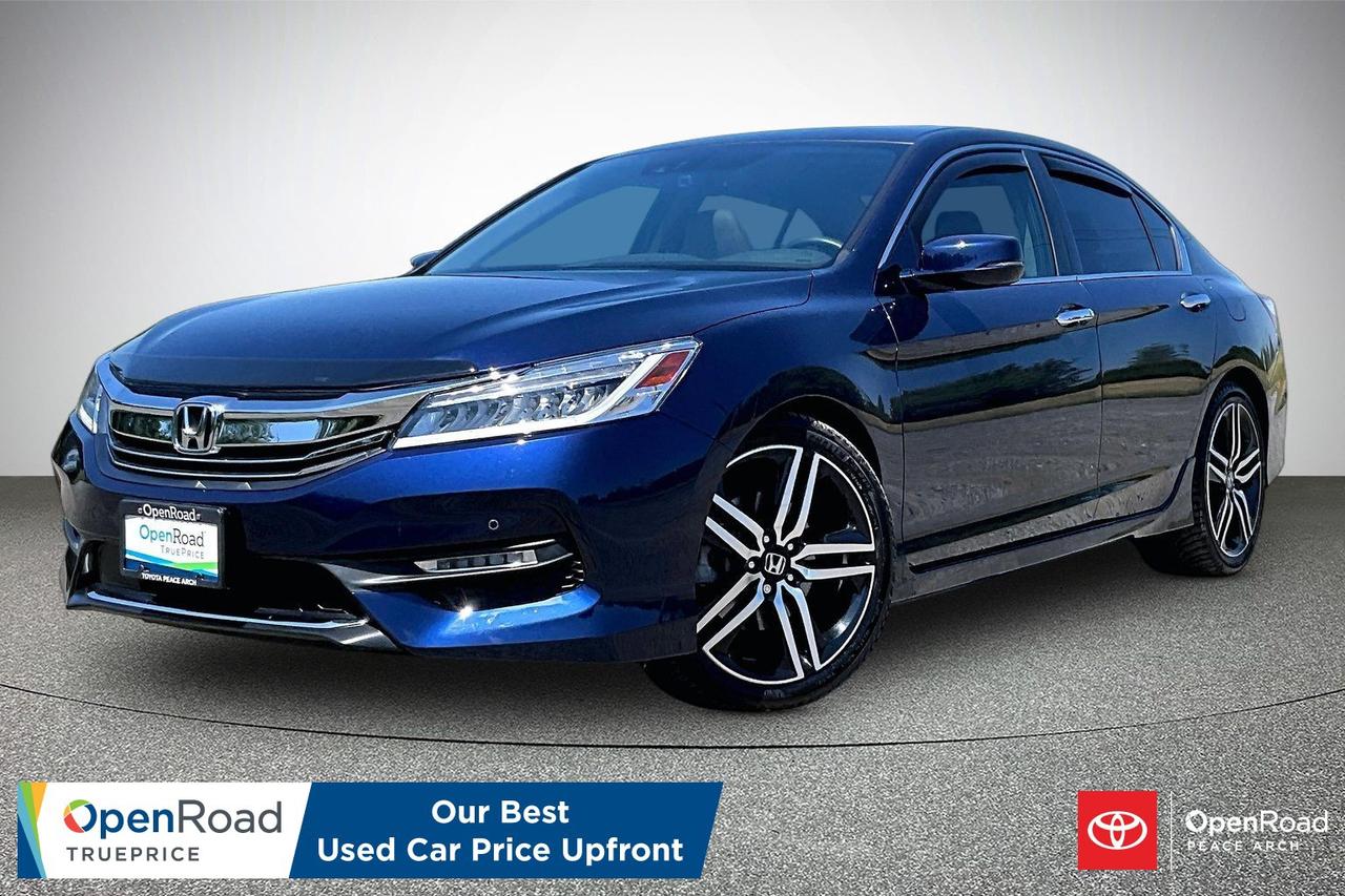 The 2017 Honda Accord Touring combines comfort, efficiency, and advanced technology in a refined midsize sedan. Powered by a fuel-efficient 2.4-litre four-cylinder engine paired with a smooth CVT, it delivers responsive everyday performance. The Touring trim includes leather-trimmed heated front and rear seats, navigation, dual-zone climate control, a premium audio system, Apple CarPlay, Android Auto, and a power moonroof. Safety features include Honda Sensing technologies such as adaptive cruise control, lane keeping assist, forward collision warning, and collision mitigation braking. With a spacious cabin, quiet ride, and upscale finishes, the Accord Touring remains a practical and dependable family sedan.  Have confidence with your OpenRoad purchase! Every OpenRoad Certified Pre-Owned vehicle comes fully reconditioned and complete with a comprehensive 153 point mechanical inspection, a CarFax history & lien report, a 3-Day Money Back Guarantee, a 30-Day/2,000 kms Exchange Policy, a 90-Day/5,000 kms Powertrain Warranty, guaranteed clear title, and membership to our exclusive Club OpenRoad! As a proud member of the OpenRoad Auto Group, a trusted name since 2000 serving the Lower mainland (including White Rock, Surrey, Langley, Maple Ridge, Delta, Richmond, Mission and beyond) with outstanding Toyota vehicles, Toyota parts, and Toyota service since 1966! OpenRoad Toyota Peace Arch is a &ldquo;True Price&rdquo; dealer, meaning no inflated prices, and no need for back and forth haggling! We use up to the minute technology offering LIVE MARKET VALUE PRICING to ensure you are receiving the most competitive price possible on all of our Pre-Owned vehicles!  All advertised vehicle prices do not include our $699 documentation fee.