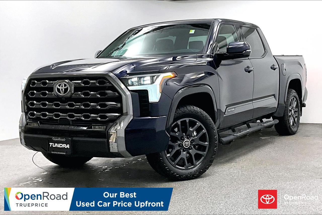 If you are looking for the absolute pinnacle of full-size truck luxury, this pristine 2024 Toyota Tundra Platinum CrewMax 4X4 is a powerhouse of engineering that effortlessly balances heavy-duty performance with a serene, premium cabin experience. Under the hood lies the potent i-FORCE 3.5L Twin-Turbo V6 engine, paired with a smooth 10-speed automatic transmission and a rugged on-demand 4X4 system that ensures confident traction whether you are towing a trailer or navigating challenging West Coast weather. The Platinum trim distinguishes itself with a bold, modern aesthetic&mdash;highlighted by dark chrome exterior accents and 20-inch alloy wheels&mdash;while the interior serves as a world-class sanctuary featuring semi-aniline leather-trimmed, heated and ventilated front and rear seats, a panoramic moonroof, and a massive 14-inch Toyota Multimedia touchscreen with wireless Apple CarPlay and Android Auto. Every drive is supported by the comprehensive Toyota Safety Sense&trade; 2.5 suite, including intuitive driver-assist features like Pre-Collision Braking, Lane Tracing Assist, and Blind Spot Monitoring with trailer detection, all while enjoying the crystal-clear acoustics of a premium JBL&reg; audio system. Meticulously inspected, featuring a clean title, and carrying Toyota&rsquo;s reputation for class-leading reliability and long-term value, this flagship truck is the ultimate turn-key solution for those who refuse to compromise between professional-grade utility and top-tier executive comfort&mdash;message today to schedule your private viewing!   Buying a used car should be simple and stressfree  no guesswork, no negotiations  just the vehicles true price. Thats why were introducing OpenRoad TruePrice, a new way to buy used vehicles. One Price. TruePrice. Our best price upfront. At Openroad Toyota RIchmond, we offer the best used car warranty in Metro Vancouver. Our used car warranty program includes 30 days or 2,000 kilometres Exchange Privilege, 90 Day Powertrain Coverage*, Mechanical & Safety Check of up to 210 Points and a clean title.    *90 Powertrain coverage will be offered at the discretion of management based on a case by case scenario."