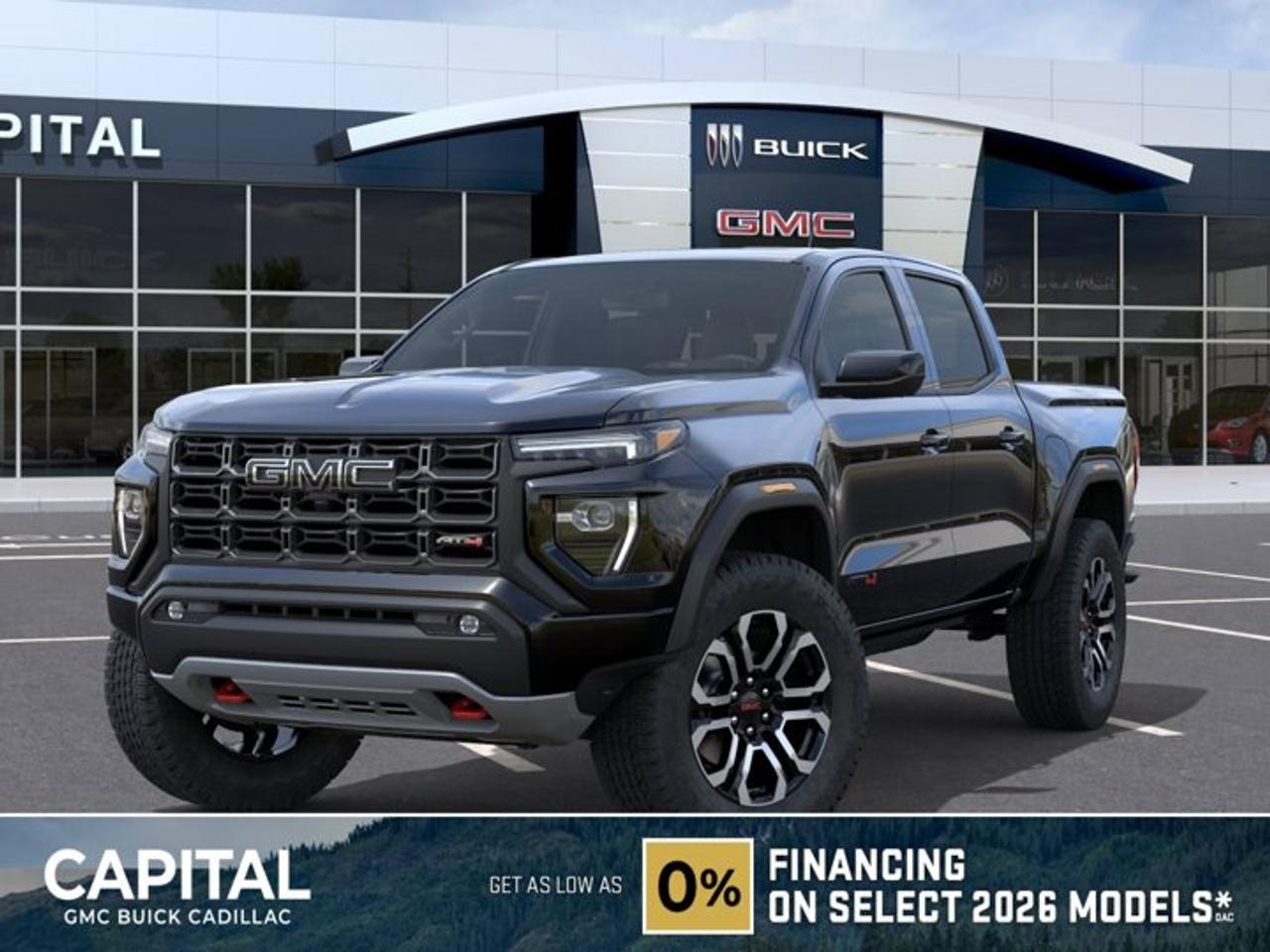 This 2026 GMC Canyon in Onyx Black is equipped with 4WD and Turbocharged Gas I4 2.7L/ engine.The GMC Canyon might be midsize, but its fully premium. Designed for easy access, an available easy lift and lower tailgate allows for smooth operation, while an integrated corner-step rear bumper provides efficient access to the truck bed and your cargo. Its the little things that set the Canyon apart, like its LED-signature front lighting, chrome grille surrounds and chrome mirror caps and door handles. The Canyon is takes premium comfort to a new level with features such as available soft-touch instrument panel and available heated driver and front passenger seats. The interior is also engineered to give you and your passengers an exceptional level of quiet, from noise-reducing innovations to triple door seals. This truck offers an engine lineup that delivers power and efficiency. This baby has 308 horsepower and can tow up to 3493 KG (7700 LB.). Intelligent control features, including traction control, trailer sway and hill descent control, available automatic rear locking differential, brake rotors and integrated trailer brake controller and diesel exhaust brake, to help you stay confidently in command no matter what you may be hauling or trailering. The Canyon provides intelligently placed controls and driver-centric features to keep you in touch, in charge and connected on the road, from available built-in Wi-Fi, an infotainment system with navigation and a rear-vision camera, to power outlets, rear seat reminders and access to the myGMC app. Youll also find state-of-the-art safety to help enhance your awareness of the road and surrounding vehicles, such as available forward collision alert, and more.Check out this vehicles pictures, features, options and specs, and let us know if you have any questions. Helping find the perfect vehicle FOR YOU is our only priority.P.S...Sometimes texting is easier. Text (or call) 306-801-9090 for fast answers at your fingertips!Dealer License #914248Disclaimer: All prices are plus taxes & fees. See dealer for Details. Dealer Permit # 914248 See dealer for Details.