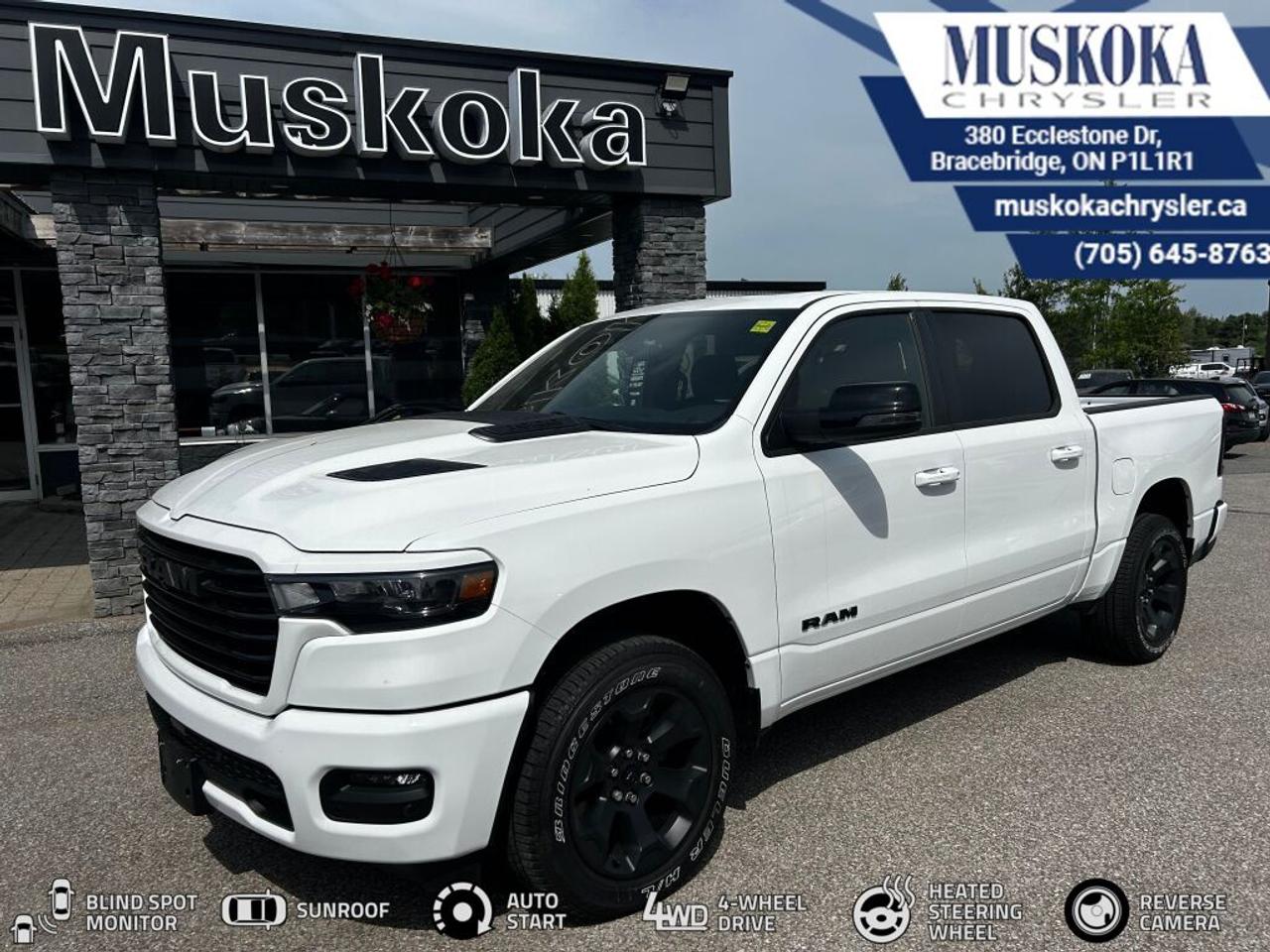 This RAM 1500 SPORT, with a 3.0L I-6 twin turbo engine engine, features a 8-speed automatic transmission, and generates 9.9 highway/13.2 city L/100km. Find this vehicle with only 0 kilometers!  RAM 1500 SPORT Options: This RAM 1500 SPORT offers a multitude of options. Technology options include: Disassociated Touchscreen Display, GPS Antenna Input, GPS Navigation, Voice Recorder, 2 LCD Monitors In The Front.  Safety options include Airbag Occupancy Sensor, Curtain 1st And 2nd Row Airbags, Driver Monitoring-Alert, Dual Stage Driver And Passenger Front Airbags, Dual Stage Driver And Passenger Seat-Mounted Side Airbags.  Visit Us: Find this RAM 1500 SPORT at Muskoka Chrysler today. We are conveniently located at 380 Ecclestone Dr Bracebridge ON P1L1R1. Muskoka Chrysler has been serving our local community for over 40 years. We take pride in giving back to the community while providing the best customer service. We appreciate each and opportunity we have to serve you, not as a customer but as a friend
