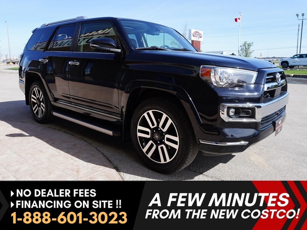 *** Dealer arranged financing on site! Quick, Simple,  no calls or waiting on bank appointments required!! Drive away today ***   NO ADMINISTRATION FEES!!*** Dealer arranged financing on site! Quick, Simple, no calls or waiting on bank appointments required!! Drive away today ***   NO ADMINISTRATION FEES!!

LOADED 2023 Toyota 4Runner Limited *** SUNROOF  ** NAVIGATION ***  7 SEATER  - -  Leather seats - - Heated/vented front row seats - - Folding 2nd and 3rd row seats - -  Powered rear window - - 360-degree camera system - - Front and rear parking sensors - - Dual-zone automatic climate control - - Chrome exterior accents - - Full-length running boards - - 4WD - - 15-speaker JBL audio system - - 8-inch touchscreen - - Sirius XM Satellite Radio - - Apple CarPlay and Android Auto - - 20-inch alloy wheels - - Push button start. 

Stunning Midnight Black Metallic exterior with chrome accents throughout. The special ordered brown leather interior is a rare and most unique color combo. Highly sought-after 7-PASSENGER configuration.  With the Toyota reliability and safety features, this is a unit that has everything for all drivers.  

Excellent history, clean inside and out. Well serviced. 

Features
- 4WD
- 4.0-liter V6 (270 horsepower, 278 lb-ft of torque) 
- 5-speed automatic
- Powered sunroof
- Leather seats
- Heated and vented front row seats
- Rear back up camera
- 360 Degree camera view
- Dual Zone climate control
- LED headlights
- 17-inch wheels
- Roof rails
- Full length running boards
- Premium JBL sound system
- Heated steering wheel
- Power rear window
- Underbody skid plates
- Power-adjustable drivers seat
- Foldable 2nd and 3rd row seats
- 40/20/40-split reclining second-row seats
- 120-volt power outlet in the rear cargo area
- 8-inch touchscreen
- Navigation
- Sirius XM Satellite Radio
- Apple CarPlay and Android Auto smartphone integration
- Blind-spot warning 
- Lane departure warning 
- Adaptive cruise control
- Drive mode selector
- 20-in allow wheels.

Comes with a Manitoba Safety Certification, and we have many Extended Powertrain warranties available on your vehicle purchase up to 10-year coverage (on eligible vehicles see dealer for details). Financing on site with Zero down financing OAC. Trades accepted. View at Winnipeg West Automotive Group, 5195 Portage Ave. (only a couple of minutes past the new Costco) Dealer permit # 6007, Call now 1(888) 601-3023. This Car is located in Winnipeg Manitoba, however we can have it shipped anywhere in North America relatively inexpensively.Comes with a Manitoba Safety Certification, and we have many Extended Powertrain warranties available on your vehicle purchase up to 10-year coverage (on eligible vehicles see dealer for details). Financing on site with Zero down financing OAC. Trades accepted. View at Winnipeg West Automotive Group, 5195 Portage Ave. (only a couple of minutes past the new Costco) Dealer permit # 6007, Call now 1(888) 6O1-3O23. This Car is located in Winnipeg Manitoba,  however we can have it shipped anywhere in North America relatively inexpensively.