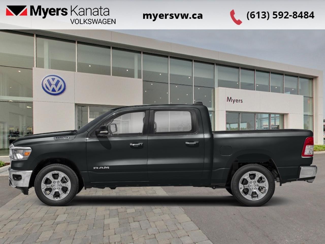 <b>Aluminum Wheels,  Chrome Accents,  Proximity Key,  Touchscreen,  Streaming Audio!</b><br> <br>  Compare at $37076 - Our Price is just $35996! <br> <br>Make light work of tough jobs with exceptional towing, torque and payload capability. This 2021 Ram 1500 is fresh on our lot in Kanata.<br> <br>The Ram 1500 delivers power and performance everywhere you need it, with a tech-forward cabin that is all about comfort and convenience. Loaded with best-in-class features, its easy to see why the Ram 1500 is so popular. With the most towing and hauling capability in a Ram 1500, as well as improved efficiency and exceptional capability, this truck has the grit to take on any task.<br> <br>This Crew Cab 4X4 pickup has 91,839 km. Its Maximum Steel M in colour and is completely accident free based on the <a href=https://vhr.carfax.ca/?id=tMHCBXP7ab1jeLtTKwmrvv4AllzxIvj+ target=_blank>CARFAX Report</a>. It has an Automatic transmission and is powered by a 305HP 3.6L V6 Cylinder Engine. It may have some remaining factory warranty, please check with dealer for details. <br> <br> Our 1500s trim level is Big Horn. This Ram 1500 Big Horn comes very well equipped with stylish aluminum wheels, comfortable cloth seats and premium carpet floors, a leather steering wheel, Uconnect with a large touchscreen, wireless streaming audio, USB input jacks, and a useful rear view camera. This awesome pickup truck also includes power heated side mirrors, proximity keyless entry, cruise control, an HD suspension, towing equipment, chrome bumpers with rear step, chrome exterior accents, fog lights and much more. This vehicle has been upgraded with the following features: Aluminum Wheels, Chrome Accents, Proximity Key, Touchscreen, Streaming Audio, Rear Camera, Cruise Control.<br> To view the original window sticker for this vehicle view this <a href=http://www.chrysler.com/hostd/windowsticker/getWindowStickerPdf.do?vin=1C6RRFFG4MN614361 target=_blank>http://www.chrysler.com/hostd/windowsticker/getWindowStickerPdf.do?vin=1C6RRFFG4MN614361</a>. <br/><br> <br>To apply right now for financing use this link: <a href=https://www.myersvw.ca/financing-request/ target=_blank>https://www.myersvw.ca/financing-request/</a><br> <br/><br>Backed by Myers Exclusive NO Charge Engine/Transmission for life program lends itself for your peace of mind and you can buy with confidence. Call one of our experienced Sales Representatives today and book your very own test drive! Why buy from us? Move with the Myers Automotive Group since 1942! We take all trade-ins - Appraisers on site - Full safety inspection including e-testing and professional detailing prior delivery! <br><br>*LIFETIME ENGINE TRANSMISSION WARRANTY NOT AVAILABLE ON VEHICLES MARKED AS-IS, VEHICLES WITH KMS EXCEEDING 140,000KM, VEHICLES 8 YEARS & OLDER, OR HIGHLINE BRAND VEHICLES (eg.BMW, INFINITI, CADILLAC, LEXUS...). FINANCING OPTIONS NOT AVAILABLE ON VEHICLES MARKED AS-IS OR AS-TRADED.<br> Come by and check out our fleet of 50+ used cars and trucks and 200+ new cars and trucks for sale in Kanata.  o~o