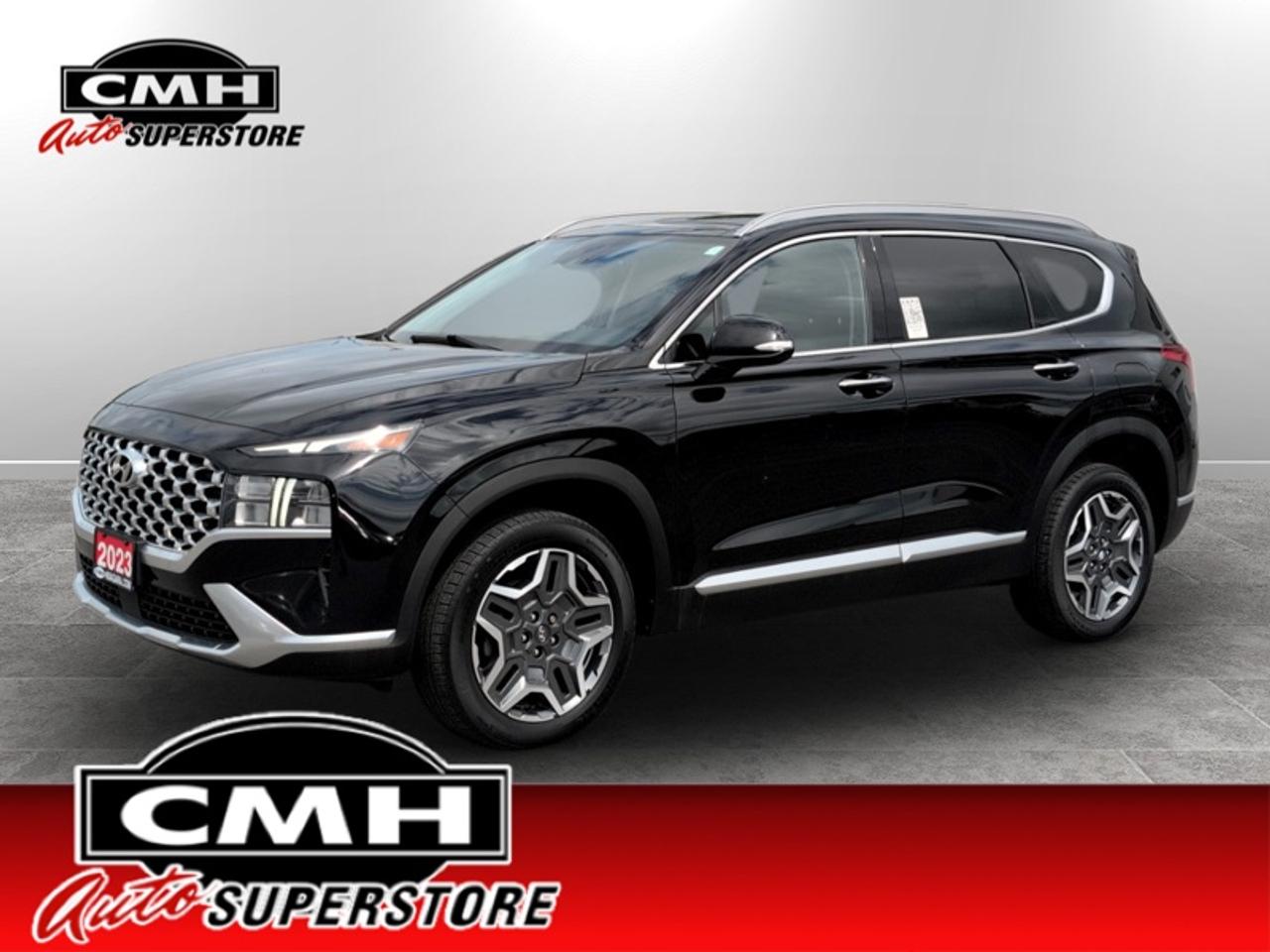 <b>PHEV !! NAVIGATION, REAR CAMERA W/PARK SENSORS, ADAPTIVE CRUISE, FORWARD SAFETY, LANE ASSIST, BLIND SPOT, APPLE CARPLAY, WIRELESS CHARGING PAD, PANORAMIC SUNROOF, COOLED/HEATED SEATS, HEATED STEERING WHEEL, REMOTE START, POWER LIFTGATE, 19-IN ALLOYS</b><br>  <br>CMH certifies that all vehicles meet DOUBLE the Ministry standards for Brakes and Tires. The advertised price is the promotional financing price. For all other methods of payment, the selling price is $500 higher.<br><br> <br>This 2023 Hyundai Santa Fe Plug-In Hybrid is for sale today.<br> <br>Refinement wrapped in ruggedness, capability married to style, and adventure ready attitude paired to a comfortable drive. These things make this 2023 Santa Fe Plug-In Hybrid an amazing SUV. If you need a ready to go SUV that makes every errand an adventure and makes every adventure a journey, this 2023 Santa Fe Plug-In Hybrid was made for you.<br> <br>This SUV has 126,981 km. Its Abyss Black in colour and is completely accident free based on the <a href=https://vhr.carfax.ca/?id=3PYvu6LEXt0YO/zHR+aIi9OjtCZdTbA3 target=_blank>CARFAX Report</a>. It has an Automatic transmission and is powered by a 260HP 1.6L 4 Cylinder Engine. <br> <br> Our Santa Fe Plug-In Hybrids trim level is Luxury AWD. This Santa Fe Plug-In Hybrid offers a great mix of practicality, efficiency and luxury, and come standard with leather upholstery, ventilated and heated seats with power adjustment and lumbar support, and a power liftgate, along with an express open/close glass sunroof, a heated leather-wrapped steering wheel, proximity keyless entry with remote start, LED lights with automatic high beams, and a 10.25-inch infotainment screen bundled with Apple CarPlay and Android Auto, and navigation. Road safety is assured thanks to blind spot detection, adaptive cruise control, lane keeping assist, lane departure warning, forward and rear collision mitigation, rear parking sensors, and a rear view camera. Additional features include towing equipment with trailer sway control, dual-zone climate control, and even more.<br> <br>To apply right now for financing use this link: <a href=https://www.cmhniagara.com/financing/ target=_blank>https://www.cmhniagara.com/financing/</a><br> <br/><br>**PLEASE NOTE:** The functionality and condition of any accessories and aftermarket parts are not guaranteed by CMH Auto Superstore. Examples of such items include, but are not limited to: tonneau covers, radios, cameras, remote starts, vent visors, roof racks, winches, light bars, headlights/tail lights, center caps, running boards, etc. If an aftermarket part is safety-related and found to be defective, it will be replaced by a factory option.<br><b>**CMH Auto Superstore reserves the right to choose to repair, modify, or replace all aftermarket parts (example  headlights) or accessories at its sole discretion.**</b><br><br>Trade-ins are welcome! Financing available OAC ! Price INCLUDES a valid safety certificate! Price INCLUDES a 60-day limited warranty on all vehicles except classic or vintage cars. CMH is a Full Disclosure dealer with no hidden fees. We are a family-owned and operated business for over 30 years! o~o