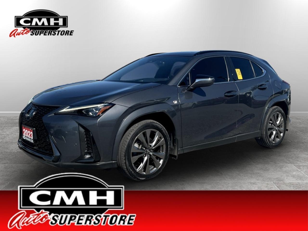<b>ALL WHEEL DRIVE !! F SPORT II !! REAR CAMERA, LANE ASSIST, BLIND SPOT MONITORING, HEADS UP DISPLAY, ADAPTIVE CRUISE CONTROL, WIRELESS CHARGING PAD, SUNROOF, RED LEATHER, DRIVER MEMORY SEAT, COOLED SEATS, HEATED STEERING WHEEL, POWER LIFTGATE, 18-IN ALLOYS</b><br>  <br>CMH certifies that all vehicles meet DOUBLE the Ministry standards for Brakes and Tires. The advertised price is the promotional financing price. For all other methods of payment, the selling price is $500 higher.<br><br> <br>This 2023 Lexus UX is for sale today.<br> <br>Every part of this Lexus UX is designed to elevate your driving experience. Beautifully flared fenders, striking aluminum wheels and an aerodynamic design emphasize the UXs strong crossover qualities. The UX boasts a highly rigid frame and a low center of gravity, which offers quick handling response with fantastic stability. The driver-centered design gives a commanding view of the road with controls harmoniously at your fingertips.<br> <br>This SUV has 63,965 km. Its Cloudburst Gray in colour. It has an Automatic transmission and is powered by a 181HP 2.0L 4 Cylinder Engine.<br> <br>To apply right now for financing use this link: <a href=https://www.cmhniagara.com/financing/ target=_blank>https://www.cmhniagara.com/financing/</a><br> <br/><br>**PLEASE NOTE:** The functionality and condition of any accessories and aftermarket parts are not guaranteed by CMH Auto Superstore. Examples of such items include, but are not limited to: tonneau covers, radios, cameras, remote starts, vent visors, roof racks, winches, light bars, headlights/tail lights, center caps, running boards, etc. If an aftermarket part is safety-related and found to be defective, it will be replaced by a factory option.<br><b>**CMH Auto Superstore reserves the right to choose to repair, modify, or replace all aftermarket parts (example  headlights) or accessories at its sole discretion.**</b><br><br>Trade-ins are welcome! Financing available OAC ! Price INCLUDES a valid safety certificate! Price INCLUDES a 60-day limited warranty on all vehicles except classic or vintage cars. CMH is a Full Disclosure dealer with no hidden fees. We are a family-owned and operated business for over 30 years! o~o