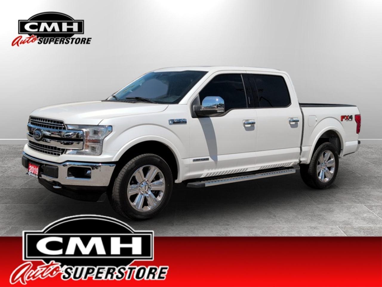 <b>ONLY 73,000 KMS !! DIESEL ENGINE !! NAVIGATION, REAR CAMERA W/PARK SENS, BLIND SPOT, COLLISION SENSORS, AUTO HIGH BEAM, RAIN SENSING WIPERS, APPLE CARPLAY, PANORAMIC SUNROOF, COOLED SEATS, TOWING CONTROLLER, REMOTE START, 20-IN CHROME WHEELS</b><br>  <br>CMH certifies that all vehicles meet DOUBLE the Ministry standards for Brakes and Tires. The advertised price is the promotional financing price. For all other methods of payment, the selling price is $500 higher.<br><br> <br>This 2019 Ford F-150 is for sale today.<br> <br>The perfect truck for work or play, this versatile Ford F-150 gives you the power you need, the features you want, and the style you crave! With high-strength, military-grade aluminum construction, this F-150 cuts the weight without sacrificing toughness. The interior design is first class, with simple to read text, easy to push buttons and plenty of outward visibility.<br> <br>This low mileage sought after diesel Crew Cab 4X4 pickup has just 72,137 km. Its White Platinum Metallic Tri-Coat in colour. It has an Automatic transmission and is powered by a 250HP 3.0L V6 Cylinder Engine. <br> <br> Our F-150s trim level is Lariat FX4 Off-Road. This luxurious Ford F-150 Lariat comes loaded with premium features such as leather heated and cooled seats, body coloured exterior accents, a proximity key with push button start, dynamic hitch assist and Ford Co-Pilot360 that features pre-collision assist, automatic emergency braking and rear parking sensors. Enhanced features also includes unique aluminum wheels, SYNC 3 with enhanced voice recognition featuring Apple CarPlay and Android Auto, FordPass Connect 4G LTE, power adjustable pedals, a powerful audio system with SiriusXM radio, cargo box lights, a smart device remote engine start, dual zone climate control and a handy rear view camera to help when backing out of tight spaces.<br> To view the original window sticker for this vehicle view this <a href=http://www.windowsticker.forddirect.com/windowsticker.pdf?vin=1FTFW1E14KFD47041 target=_blank>http://www.windowsticker.forddirect.com/windowsticker.pdf?vin=1FTFW1E14KFD47041</a>. <br/><br> <br>To apply right now for financing use this link: <a href=https://www.cmhniagara.com/financing/ target=_blank>https://www.cmhniagara.com/financing/</a><br> <br/><br>**PLEASE NOTE:** The functionality and condition of any accessories and aftermarket parts are not guaranteed by CMH Auto Superstore. Examples of such items include, but are not limited to: tonneau covers, radios, cameras, remote starts, vent visors, roof racks, winches, light bars, headlights/tail lights, center caps, running boards, etc. If an aftermarket part is safety-related and found to be defective, it will be replaced by a factory option.<br><b>**CMH Auto Superstore reserves the right to choose to repair, modify, or replace all aftermarket parts (example  headlights) or accessories at its sole discretion.**</b><br><br>Trade-ins are welcome! Financing available OAC ! Price INCLUDES a valid safety certificate! Price INCLUDES a 60-day limited warranty on all vehicles except classic or vintage cars. CMH is a Full Disclosure dealer with no hidden fees. We are a family-owned and operated business for over 30 years! o~o