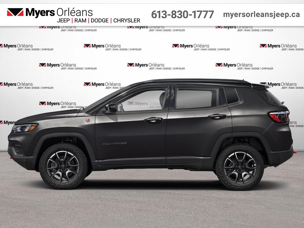 <b>Leather Seats, Trailer Tow Group!</b><br> <br> Elevate your driving experience with this 2026 Jeep Compass, with advanced tech and a slew of great standard features.<br> <br>Keeping with quintessential Jeep engineering, this 2026 Compass sports a striking exterior design, with an extremely refined interior, loaded with the latest and greatest safety, infotainment and convenience technology. This SUV also has the off-road prowess to booth, with rugged build quality and great reliability to ensure that you get to your destination and back, as many times as you want.<br> <br>This Diamond Black Crystal Pearl SUV has an Automatic transmission and is powered by a 200HP 2.0L 4 Cylinder Engine. <br> <br> Our Compasss trim level is Trailhawk. This rugged Compass Trailhawk comes prepped with a comprehensive off-road package that includes beefy suspension, 4 skid plates for undercarriage protection and black aluminum wheels with a full-size under-cargo mounted spare, along with front fog lamps, LED headlights with automatic high beams and cornering function, roof rack rails, and front and rear bumper tow hooks. The standard features continue with heated and power-adjustable front seats with driver lumbar support, a heated steering wheel, cloth/leather seating upholstery, remote engine start, proximity keyless entry, dual-zone front automatic air conditioning, and a 10.1-inch infotainment screen with Apple CarPlay and Android Auto. Safety features also include blind spot detection, forward collision warning with active braking and rear cross-path detection, lane keeping assist with lane departure warning, rear parking sensors, and a rearview camera. This vehicle has been upgraded with the following features: Leather Seats, Trailer Tow Group.<br><br> View the original window sticker for this vehicle with this url <b><a href=http://www.chrysler.com/hostd/windowsticker/getWindowStickerPdf.do?vin=3C4NJDDN8TT208733 target=_blank>http://www.chrysler.com/hostd/windowsticker/getWindowStickerPdf.do?vin=3C4NJDDN8TT208733</a></b>.<br> <br>To apply right now for financing use this link: <a href=https://www.myersorleansjeep.ca/apply-for-financing/ target=_blank>https://www.myersorleansjeep.ca/apply-for-financing/</a><br> <br/>Total rebate of $7500 is reflected in the price. 5.29% financing for 96 months. <br> Buy this vehicle now for the lowest weekly payment of <b>$141.31</b> with $0 down for 96 months @ 5.29% APR O.A.C. ( Plus applicable taxes - **Rebates may not be applicable on all purchase types [cash, lease, or finance]. Eligibility and conditions may vary. Please see dealer for full details and confirmation of eligibility. / Total Obligation of $58785 ). Incentives expire 2026-06-01. See dealer for details. <br><br>The road to new driving experiences begins in our inventory, where youll find an incredible array of brand-new cars, trucks, minivans, and SUVs, including two of our bestselling models, the Dodge Ram 1500 and the Dodge Grand Caravan. If you want to know what the cutting edge of automotive technology looks like, all you have to do is visit Myers Orleans Jeep! Each model comes loaded with the convenient features and cool technology that help make every trip memorable. Looking for additional everyday luxury at a price thats incredibly wallet-friendly? Choose from our selection of quality pre-owned models! If you can think of a road, our friendly and knowledgeable sales team will help you find the perfect vehicle to drive it.<br><br>We may be a well-established dealership thats been part of the community for many years, but that doesnt mean were stuck in the past! At Myers Orleans Jeep, were proud to provide a fresh, modern approach to car buying. Using our array of online tools, you can browse our extensive inventory, schedule a service appointment, order parts, and even apply for credit from wherever youve got a connection. Our goal is to create relationships that will last, and we know that the best way to do this is by providing a dealership experience thats based on honesty, transparency, trust, and a commitment to customers. Stop by today and discover all the ways we go above and beyond for you.<br><br> Come by and check out our fleet of 30+ used cars and trucks and 80+ new cars and trucks for sale in Orleans.  o~o