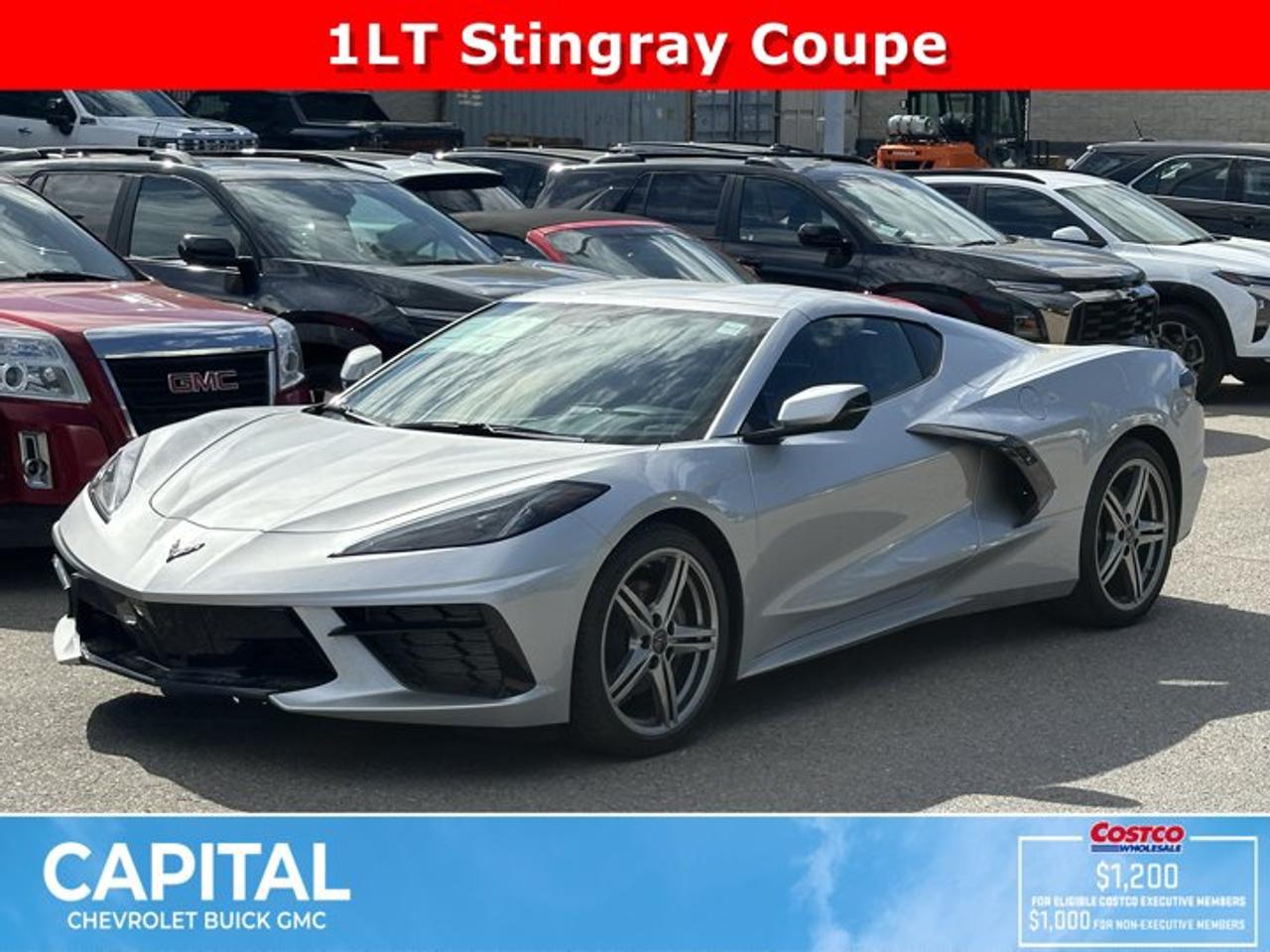 This Chevrolet Corvette delivers a Gas V8 6.2L/ engine powering this Automatic transmission. ENGINE, 6.2L V8 DI, HIGH-OUTPUT Variable Valve Timing (VVT), Active Fuel Management (AFM) (490 hp [365.4 kW] @ 6450 rpm, 465 lb-ft of torque [627.8 N-m] @ 5150 rpm) (STD), Wireless Phone Charging wireless charging pad for phone or portable devices, located on centre console, Wireless Apple CarPlay/Wireless Android Auto.* This Chevrolet Corvette Features the Following Options *Wipers, front intermittent, Windows, power with driver and passenger Express-Down/Up, Wi-Fi Hotspot capable (Terms and limitations apply. See onstar.ca or dealer for details.), Wheels, 19 x 8.5 (48.3 cm x 21.6 cm) front and 20 x 11 (50.8 cm x 27.9 cm) rear 5-split-spoke Pearl Nickel forged aluminum, Visors, driver and passenger illuminated vanity mirrors, covered, Vehicle health management provides advanced warning of vehicle issues, Transmission, 8-speed dual clutch, includes manual and auto modes, Traction control, all-speed, Tires, 245/35ZR19 front and 305/30ZR20 rear, blackwall, all-season, performance, Theft-deterrent system, vehicle, push button start, immobilizer and audible visual alarm.* Visit Us Today *Treat yourself- stop by Capital Chevrolet Buick GMC Inc. located at 13103 Lake Fraser Drive SE, Calgary, AB T2J 3H5 to make this car yours today!