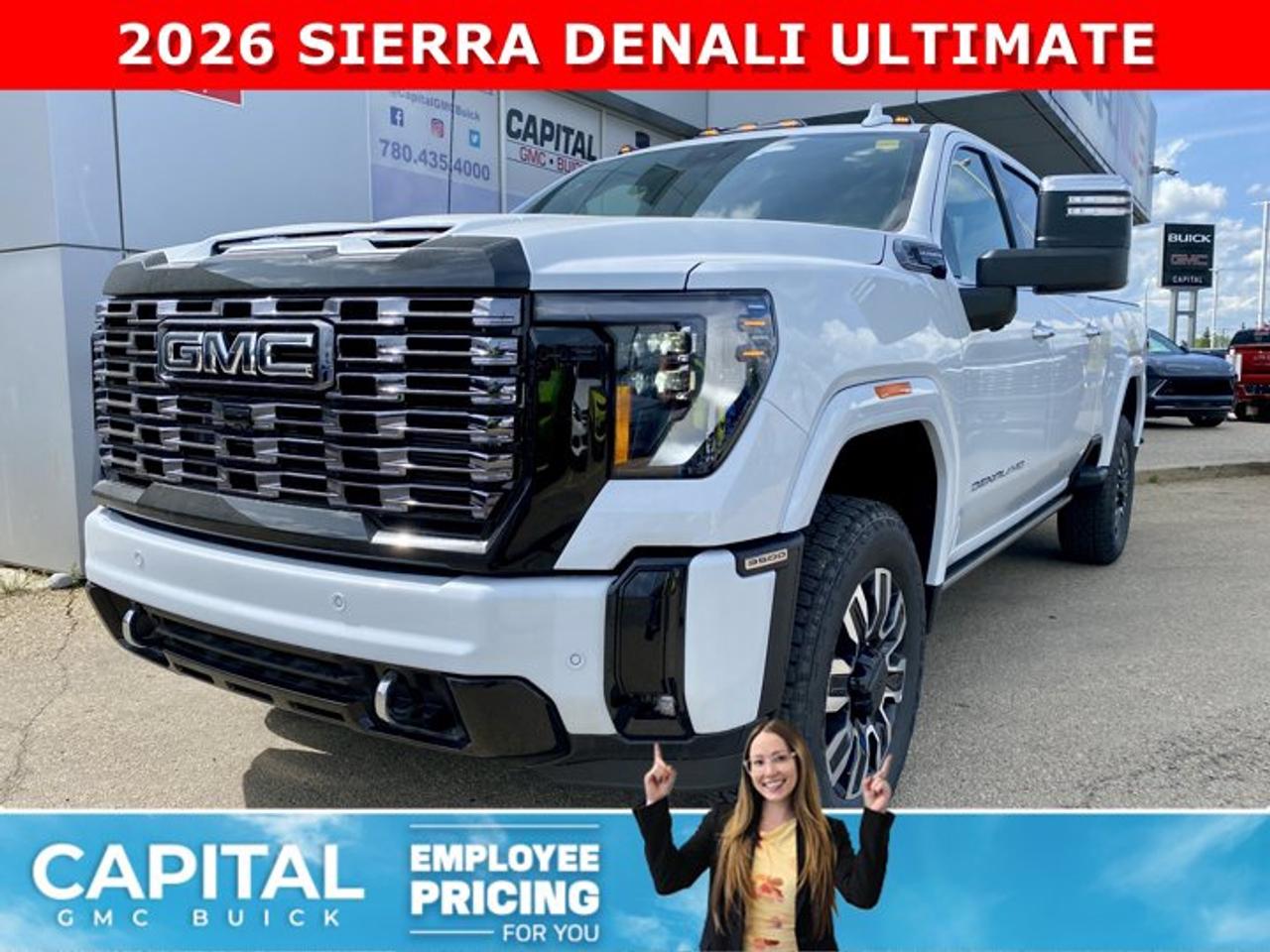 Check out this 2026 GMC SIERRA 3500 HD Denali Ultimate Duramax Diesel... This fully-loaded Heavy Duty comes equipped with every option, including Heated and Cooling Seats, Heated Steering, Power Assist Steps, Exclusive Alpine Umber Interior, Body Color Wheel Arch Moldings, 5th Wheel Prep Package, Power Sunroof, Technology Package, 360 Cam, Rear Streaming Camera Mirror, Heads-up Display, Heated Rear Seats, Adaptive Cruise Control, Wireless Charging, MultiPro Tailgate, and so much more... CALL NOW!Ask for the Internet Department for more information or book your test drive today! Text 507-585-4395 for fast answers at your fingertips!AMVIC Licensed Dealer - Licence Number B1044900