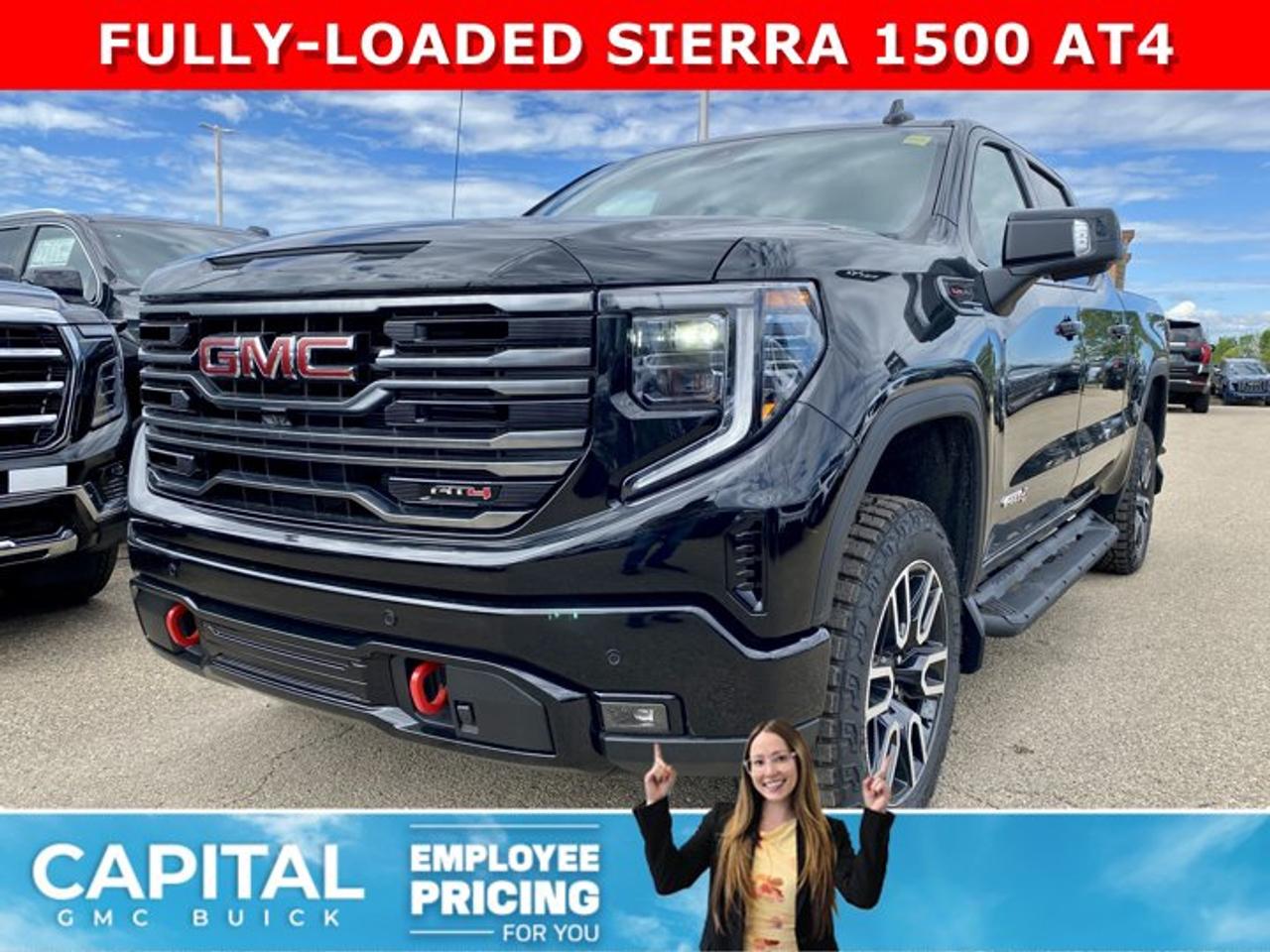 Dont miss out on this Sierra 1500 AT4! Fully Equipped with the Premium Plus Package, Technology Package, Heated and Cooled Bucket Seats, Heated Rear Seats, Heated Steering, 360 CAM, 15 Heads-up Display, Rear Streaming Camera Mirror, Body Color Wheel Arch Moldings, Power Sunroof, Wireless Charger, Dual Exhaust, 2 Inch Factory Lift and so much more... This rare truck can be yours so CALL NOWAsk for the Internet Department for more information or book your test drive today! Text 587-400-9276 for fast answers at your fingertips!AMVIC Licensed Dealer - Licence Number B1044900Disclaimer: All prices are plus GST and include all cash credits and loyalties. See dealer for details. AMVIC Licensed Dealer # B1044900