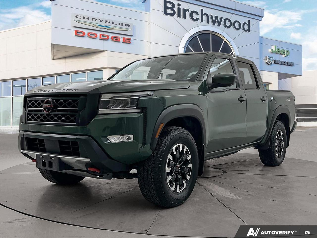If youre looking for a capable, well-equipped mid-size truck thats ready for both the worksite and the weekend trail, this 2023 Nissan Frontier PRO-4X Luxury in Tactical Green Metallic is worth a serious look. With low kilometres, a clean accident history, and the top-tier PRO-4X Luxury trim, this truck delivers premium off-road capability paired with genuine comfort features that most trucks in this class charge significantly more for.

- Tactical Green Metallic exterior with 17 PRO-4X alloy wheels and all-terrain P265/70R17 tires  purpose-built for off-road use
- Part-time 4WD with Hill Descent Control and Hill Hold Control for confident handling on challenging terrain
- Heated front bucket seats with 6-way power adjustable driver seat and heated leather/metal-look steering wheel
- Dual Zone Front Automatic Air Conditioning for personalized comfort on long hauls
- 9 touchscreen with Apple CarPlay, Android Auto, wireless CarPlay, navigation, SiriusXM, and NissanConnect with OTA updates
- Aerial View Camera System plus rear parking sensors and back-up camera for precise maneuvering
- Advanced safety suite including Blind Spot Warning, Lane Departure Warning, front and rear Collision Mitigation, and Driver Monitoring Alert
- Class IV towing equipment with trailer sway control and 3.8L 6-cylinder engine paired to a 9-speed automatic transmission

Only 59,160 km on this low-mileage 2023 Frontier  priced and ready to move. Visit us at Birchwood Chrysler Dodge Jeep Ram, explore the details at birchwoodchrysler.ca, or contact our team to book your test drive today.
With us, Experience is Everything. Complete as much or as little of your purchase online as you like. All pricing is what you see is what you pay. No hidden fees. On our website you can choose payment options and terms knowing these are transparent and accurate.

Start your purchase online to build your exact pricing to your specifics like how much money down, vehicle trade and any accessories or added optional protection that suits your needs.

Any questions let us know by calling (204) 774-4444, wed love to send you a video to clarify any questions about a vehicle!

Visit us in store at 90-3965 Portage Ave in the Birchwood Autopark.

Dealer permit #5686
Dealer permit #5686