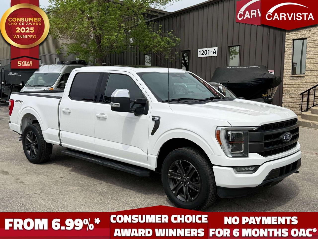 5 years running, consecutive receivers of the prestigious Consumer Choice Award in 2021, 2022, 2023, 2024 and 2025! Low rate dealer arranged financing available! 

NAVIGATION, REVERSE CAMERA/360, PANORAMIC SUNROOF, BLUETOOTH HANDSFREE, ANDROID/APPLE CARPLAY, LEATHER HEATED/VENTILATED SEATS, HEATED STEERING WHEEL, ADAPTIVE CRUISE CONTROL, BLIND SPOT MONITORING, LANE ASSIST, TOW PACKAGE, FACTORY WARRANTY, 1 OWNER

Factory powertrain warranty until December 13, 2026 or 100,000KM

This 2021 Ford F-150 Lariat 502A Sport Package 4x4 delivers the premium comfort of a luxury vehicle with the strength, capability, and versatility expected from Canada&rsquo;s best known full size pickup. Finished in a sharp white exterior with a black leather interior, this F-150 features the desirable Sport appearance package with a body coloured front bumper, black grille, dark finished alloy wheels, black running boards, Sport box graphics, and a clean, modern exterior design. It has 81,075 kilometers and offers comfortable seating for five passengers in its spacious four door cabin.

Power comes from Ford&rsquo;s proven 3.5 litre EcoBoost V6 engine, paired with a smooth shifting 10 speed automatic transmission. This powerful turbocharged combination provides confident acceleration, impressive low end torque, and the capability needed for towing, hauling, highway driving, or everyday commuting. The electronically controlled four wheel drive system allows the driver to adapt to changing road and weather conditions, making this truck well suited for Manitoba winters, gravel roads, job sites, and weekend adventures.

This F-150 is equipped with a 3.55 rear axle ratio, an integrated trailer brake controller, trailer sway control, a Class IV trailer hitch receiver, seven pin and four pin trailer connections, and Pro Trailer Backup Assist. The blind spot monitoring system also includes trailer coverage, helping monitor areas alongside both the truck and a connected trailer. A large 136 liter fuel tank provides extended driving range, while the truck&rsquo;s heavy duty shock absorbers, engine oil cooler, transmission oil cooler, and substantial payload capability make it ready for serious work.

The high level 502A Lariat package creates a refined and comfortable cabin with premium leather seating, heated and ventilated front seats, a heated leather wrapped steering wheel, power adjustable front seats, power adjustable pedals, dual zone automatic climate control, ambient interior lighting, and a full length center console with generous storage. The rear bench folds upward to provide additional secure interior cargo space, while rear climate ducts help keep passengers comfortable throughout the year.

A large touchscreen infotainment system provides convenient access to navigation, Bluetooth connectivity, streaming audio, vehicle settings, and compatible smartphone features. Additional technology includes FordPass Connect with a built-in 4G Wi-Fi hotspot, steering wheel mounted audio and cruise controls, multiple power outlets, keyless entry, and remote vehicle access. The cabin also includes an illuminated vanity mirrors, multiple cupholders, concealed storage compartments, rear under seat storage, and premium metallic interior accents.

One of the standout features is the expansive panoramic twin panel sunroof, which fills the cabin with natural light and creates a bright, open atmosphere. Other convenience features include a power sliding rear window with defroster, rain sensing windshield wipers, automatic climate control, deep tinted rear glass, power folding and extendable towing mirrors, integrated running boards, and exterior approach lighting.

Driver assistance technology includes a 360 degree camera system, adaptive cruise control, a rearview camera, front and rear parking assistance, blind spot monitoring, lane departure warning, traffic sign recognition, reverse brake assist, and Pre-Collision Assist with Automatic Emergency Braking. LED exterior lighting, fog lights, cornering lights, automatic headlight control, traction control, electronic stability control, hill hold assistance, and four wheel anti lock disc brakes provide additional confidence behind the wheel.

With its powerful 3.5 litre EcoBoost engine, 502A luxury equipment, Sport Package styling, panoramic roof, advanced camera system, premium heated and cooled leather interior, extensive towing technology, and capable 4x4 drivetrain, this 2021 Ford F-150 Lariat is an outstanding choice for anyone looking for a truck that can work hard during the week while remaining comfortable and refined enough for family trips and everyday driving.

At Carvista we offer a unique buying experience, with no deceiving finance gimmicks and trades are welcome but not required! Carvista is a family operated business that has been in business for over 25 years, and has earned a A+ BBB Accreditation and outstanding consumer accolades. Offering 175 quality pre-owned vehicles, all are certified and Carfax verified, most with remaining factory warranty and a modern facility located on Winnipegs Regent Ave strip. We welcome you to visit us at 1201 Regent Ave W, at Carvista, and drive away in a like new vehicle for less. In many cases we can offer no payments for 6 months! Dont let your trade or credit stop you, we accept any kind, any time. CARVISTA.CA, "Where the deals are".
 Prices and payments exclude GST OR PST Carvista Inc. 
Dealer Permit # 1211, Category: Used Vehicle 
Please verify all ad details with a Carvista sales person, vehicle may not be exactly as shown.