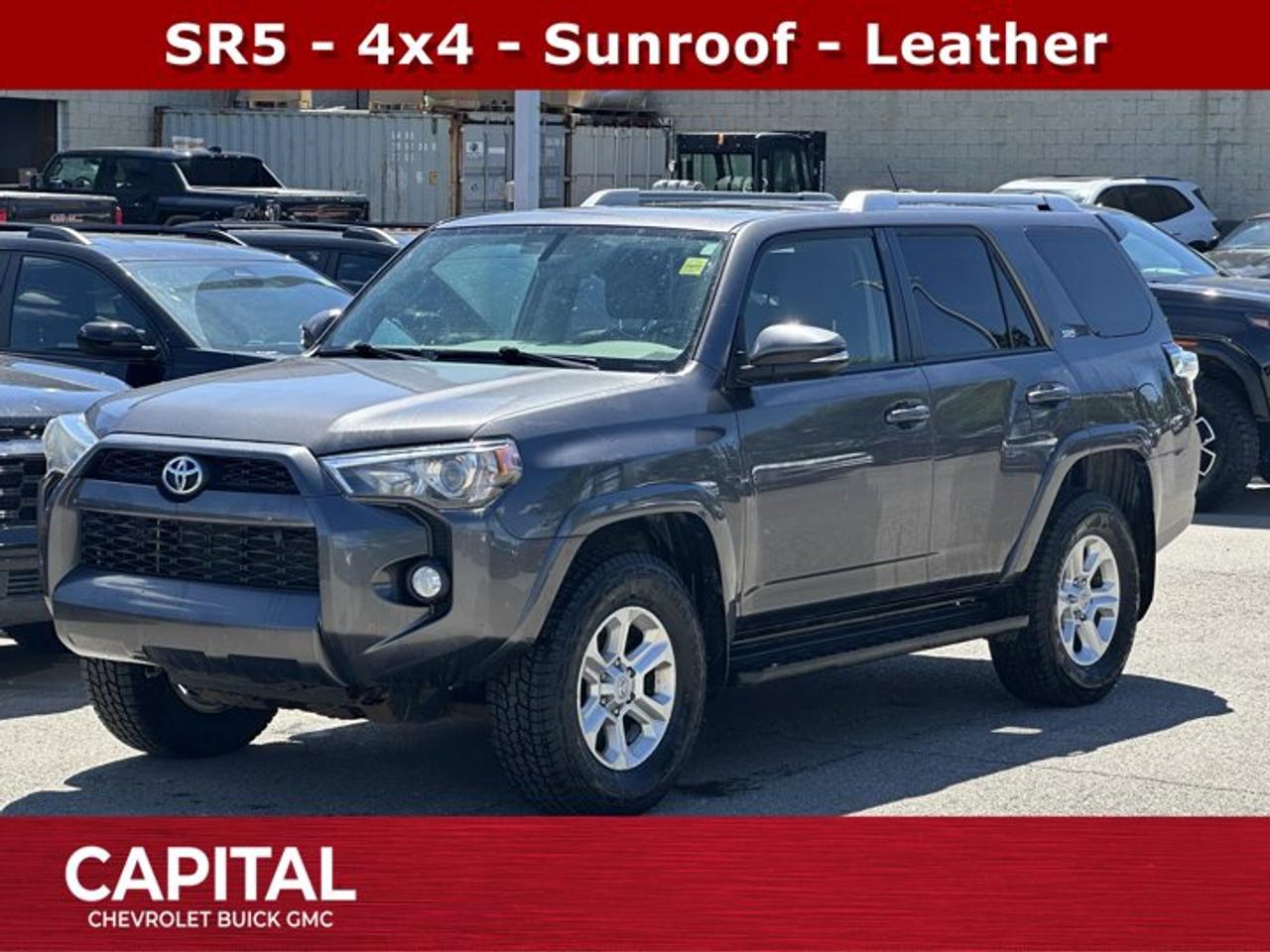 Recent Arrival! Odometer is 13137 kilometers below market average!Ask for the Internet Department for more information or book your test drive today! Call 403-256-4960 for fast answers at your fingertips! Disclaimer: All prices are plus taxes. See dealer for details. AMVIC Licensed Dealer # B2020028.2015 4Runner 5-Speed Automatic 4WD 4Runner SR5, 4.0L V6 SMPI DOHC 24V, 4WD, 17 Aluminum Alloy Wheels w/Wheel Locks, 3rd Row Seats, Anti-Theft System, Auto-Dimming Rear-View Mirror, Front Heated Bucket Seats, Integrated Signal Lamps, Power Moonroof, Puddle Lamps, Radio: AM/FM/CD/MP3/WMA Player w/Navigation, Rear Door Courtesy Lamp, Softex Leather Seat Surfaces, SR5 V6 Package w/No Options, Upgrade Package.Awards:* 2015 KBB.com Best Resale Value Awards
