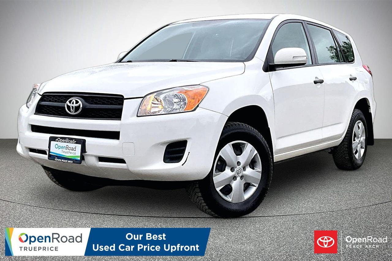 The 2012 Toyota RAV4 offers practicality, reliability, and versatility in a compact SUV package. Its front-wheel-drive system provides efficient everyday performance, while the spacious cabin comfortably seats five passengers with generous cargo capacity. Features include air conditioning, power windows and locks, cruise control, keyless entry, and Bluetooth connectivity. The rear seats fold flat for added cargo flexibility, making it ideal for road trips or daily errands. Safety highlights include stability control, traction control, anti-lock brakes, multiple airbags, and strong crash-test ratings. The RAV4 delivers dependable performance with comfortable ride quality and excellent long-term value.  Have confidence with your OpenRoad purchase! Every OpenRoad Certified Pre-Owned vehicle comes fully reconditioned and complete with a comprehensive 153 point mechanical inspection, a CarFax history & lien report, a 3-Day Money Back Guarantee, a 30-Day/2,000 kms Exchange Policy, a 90-Day/5,000 kms Powertrain Warranty, guaranteed clear title, and membership to our exclusive Club OpenRoad! As a proud member of the OpenRoad Auto Group, a trusted name since 2000 serving the Lower mainland (including White Rock, Surrey, Langley, Maple Ridge, Delta, Richmond, Mission and beyond) with outstanding Toyota vehicles, Toyota parts, and Toyota service since 1966! OpenRoad Toyota Peace Arch is a &ldquo;True Price&rdquo; dealer, meaning no inflated prices, and no need for back and forth haggling! We use up to the minute technology offering LIVE MARKET VALUE PRICING to ensure you are receiving the most competitive price possible on all of our Pre-Owned vehicles!  All advertised vehicle prices do not include our $699 documentation fee.