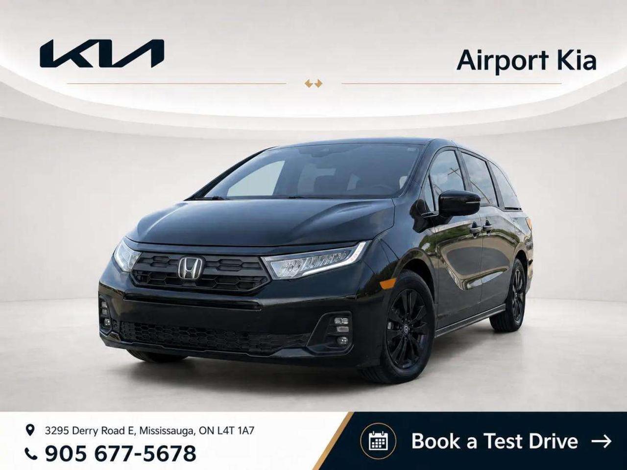Black 2025 Honda Odyssey Sport FWD<br>10-Speed Automatic V6<br><br>**ABOVE IS THE SPECIAL FINANCING PRICE, $1500 MORE FOR CASH PURCHASES** PLEASE CALL AHEAD TO CHECK AVAILABILITY** ** Previous Daily Rental** We believe in a haggle-free environment and provide our best price upfront. We compare our vehicles with competing inventory and adjust our prices daily. At Airport Kia, our team is dedicated to providing exceptional customer service and making your car buying and ownership experience as smooth and enjoyable as possible. From our knowledgeable sales associates who are always ready to help you find the perfect vehicle for your needs and budget, to our expert technicians who are committed to keeping your Kia running smoothly and efficiently, our team is here to meet all of your automotive needs and exceed your expectations. Were proud to be a family-owned dealership, and we treat every customer like family too. That means personalized service tailored to your needs, a warm and welcoming atmosphere, and a commitment to honesty, integrity, and transparency in all of our interactions. So when you choose Airport Kia, you can rest assured that youre in good hands with our team. Visit us today at 3295 Derry Road East, Mississauga, Ontario L4T 1A8 or give us a call at 905-677-5678 to experience the Airport Kia difference for yourself.<br><br><br>**Previous Daily Rental**