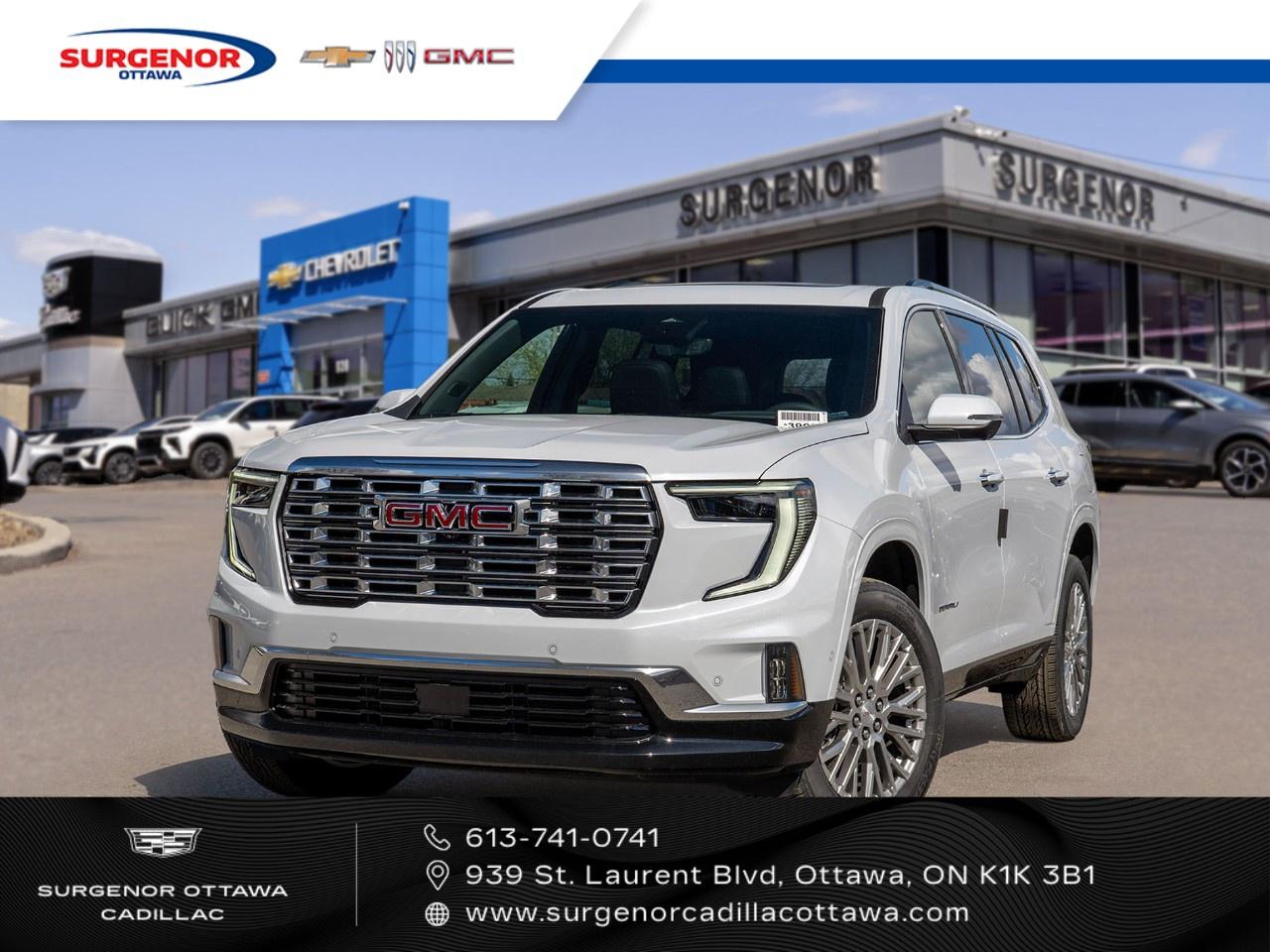 <p>The 2026 GMC Acadia AWD Denali in stunning white is a new powerhouse that combines robust performance with luxurious comfort. With its all-wheel drive and smooth handling, it's designed to conquer Canadian roads effortlessly.</p><p>On the outside, this SUV boasts an elegant design that catches the eye, complete with stylish alloy wheels. The interior is no less impressive, featuring high-end leather seats that are both heated and cooled for year-round comfort. Advanced features like the heads-up display and keyless entry enhance your driving experience, while parking sensors make maneuvering in tight spaces a breeze.</p><p>Technology is at the forefront with smart device integration, a Wi-Fi hotspot, and a satellite radio, keeping you and your passengers connected and entertained. Safety and driver assistance systems come packed with lane assist, adaptive cruise control, and a backup camera, giving you peace of mind on every journey.</p><p>This vehicle is ideal for families and adventurers who appreciate a balance of luxury and functionality. Visit our dealership or contact us today to experience the excellence of the 2026 GMC Acadia AWD Denali in person.</p>