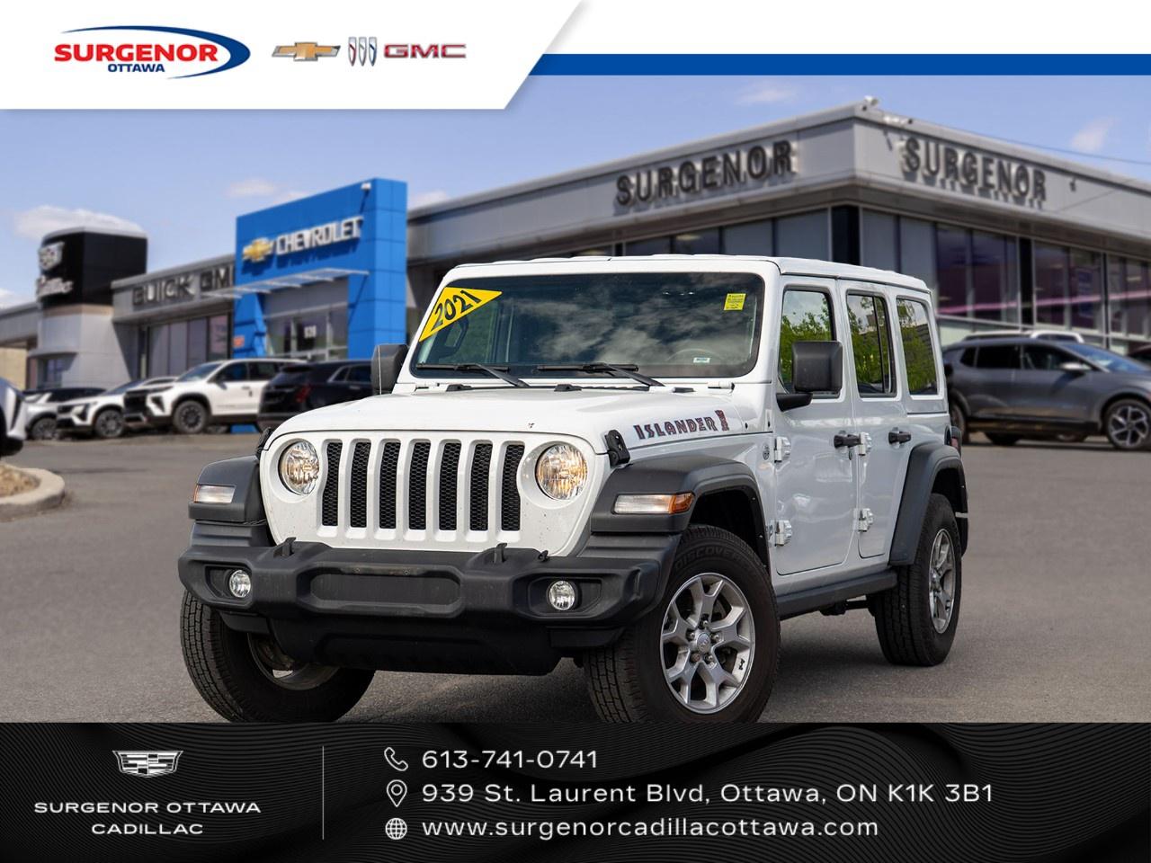 <p>Experience the thrill of adventure with the 2021 Jeep Wrangler Unlimited Islander, featuring a pristine white exterior and robust 4x4 capability. Known for its rugged handling, this SUV is perfect for exploring both urban streets and off-road trails.</p><p>The Jeep Wrangler's exterior is accentuated by the Bright White finish, exuding a sense of purity and strength. Step inside to a refined yet durable black interior that offers comfort and style in equal measure. This vehicle is equipped with convenient features like power windows, ensuring ease of use for every trip.</p><p>Stay connected with the integrated Bluetooth connection and enjoy peace of mind with advanced safety features such as a backup camera and brake assist. The automatic transmission ensures a smooth drive while the cruise control allows for effortless longer journeys.</p><p>Perfectly suited to adventure seekers and those who value dependability, the Jeep Wrangler Unlimited Islander is ready to take on any challenge. Contact Surgenor Chevrolet Buick GMC Cadillac today to learn more and schedule a test drive.</p>