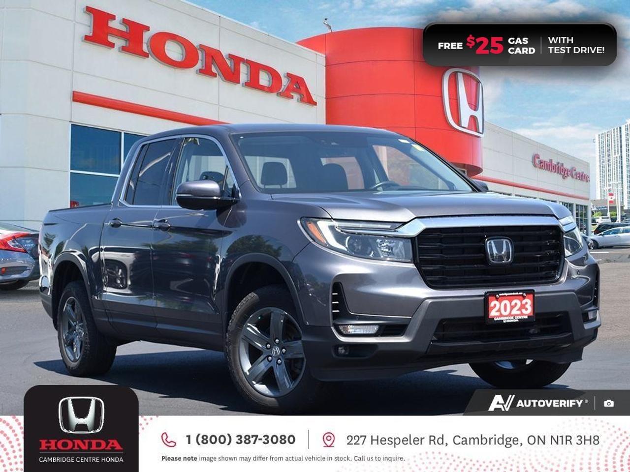 <p><span style=color:rgb( 0 , 0 , 0 )><strong>GREAT TRUCK! CLEAN CARFAX HISTORY! ONE PREVIOUS OWNER! WORTH TAKING A LOOK AT!</strong></span></p><p><span style=color:rgb( 0 , 0 , 0 )>2023 Honda Ridgeline Touring featuring nine speed automatic transmission, five passenger seating, leather interior, power moonroof, leather wrapped steering wheel, rearview camera with dynamic guidelines, push button start, remote engine starter, Apple CarPlay and Android Auto connectivity, Siri® Eyes Free compatibility, GPS Navigation, ECON mode, Bluetooth, AM/FM audio system with two USB inputs, steering wheel mounted controls, cruise control, air conditioning, dual climate zones, heated front seats, two 12V power outlet, power mirrors, power locks, power windows, Anchors and Tethers for Children (LATCH), The Honda Sensing Technologies - Adaptive Cruise Control, Forward Collision Warning system, Collision Mitigation Braking system, Lane Departure Warning system, Lane Keeping Assist system and Road Departure Mitigation system, Blind Spot Information (BSI) system with Rear Cross Traffic Monitor system, remote keyless entry, auto on/off headlights, electronic stability control and anti-lock braking system. Contact Cambridge Centre Honda for special discounted finance rates, as low as 8.99%, on approved credit from Honda Financial Services.</span></p><p><span style=color:rgb( 255 , 0 , 0 )><strong>FREE $25 GAS CARD WITH TEST DRIVE!</strong></span></p><p><span style=color:rgb( 0 , 0 , 0 )>Our philosophy is simple. We believe that buying and owning a car should be easy, enjoyable and transparent. Welcome to the Cambridge Centre Honda Family! Cambridge Centre Honda proudly serves customers from Cambridge, Kitchener, Waterloo, Brantford, Hamilton, Waterford, Brant, Woodstock, Paris, Branchton, Preston, Hespeler, Galt, Puslinch, Morriston, Roseville, Plattsville, New Hamburg, Baden, Tavistock, Stratford, Wellesley, St. Clements, St. Jacobs, Elmira, Breslau, Guelph, Fergus, Elora, Rockwood, Halton Hills, Georgetown, Milton and all across Ontario!</span></p>