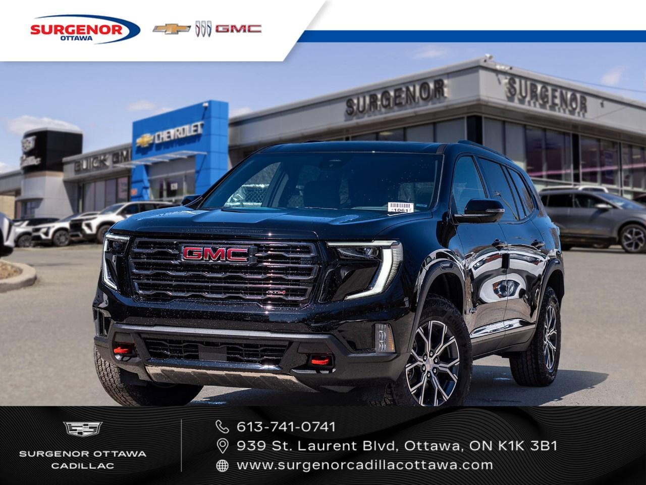 <p>The 2026 GMC Acadia AT4 AWD in striking black is the perfect combination of style and performance for those seeking an all-weather SUV with adept handling. This new vehicle comes equipped with a resilient all-wheel drive system that ensures confident driving dynamics whether you're on a rugged trail or a busy highway.</p> <p>The Acadia AT4's exterior is enhanced with 18-inch dark machined aluminum wheels that complement its Ebony Twilight Metallic paint. Inside, you'll find a sophisticated Forest Storm cabin with Mahogany accents and plush cloth/CoreTec seats, creating a luxurious yet durable environment. Enjoy every journey with the expansive panoramic sunroof that lets you soak in the views while cruising.</p> <p>Loaded with state-of-the-art technology, this SUV features a user-friendly infotainment system integrated with smart device connectivity and a Wi-Fi hotspot, keeping you connected wherever you go. Safety and driver assistance are prioritized with features like a backup camera, lane assist, brake assist, adaptive cruise control, and parking sensors. Comfort is not overlooked with features like heated front seats, a heated steering wheel, and power-adjustable seats.</p> <p>Whether you're an adventurer seeking off-road excitement or a family in need of a reliable and stylish vehicle, the GMC Acadia AT4 AWD offers a balanced package of performance and comfort. Contact our dealership today for more information and let us help you drive away in this exceptional SUV.</p>