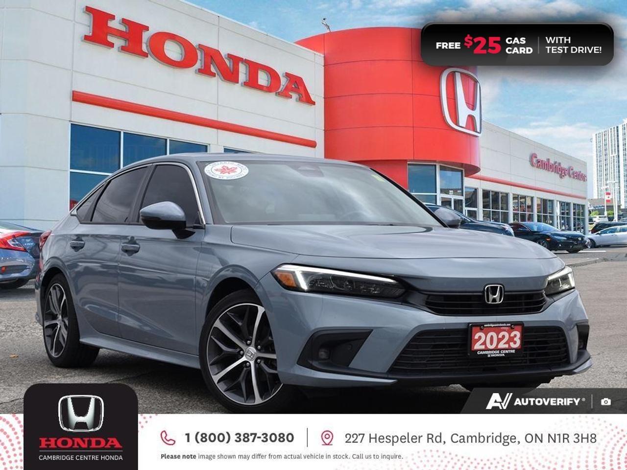 <p><strong>HONDA CERTIFIED USED VEHICLE! ONE PREVIOUS OWNER! LOW MILEAGE! TEST DRIVE TODAY</strong>! </p><p>2023 Honda Civic Touring featuring CVT transmission, five passenger seating, remote engine starter, rearview camera with dynamic guidelines, power sunroof, Apple CarPlay and Android Auto connectivity, Bluetooth, Siri® Eyes Free compatibility, GPS Navigation, ECON mode, steering wheel mounted controls, cruise control, air conditioning, dual climate zones, heated front seats, 12V power outlet, proximity key entry, push button start, power mirrors, power locks, power windows, 60/40 split fold-down rear seatback, Anchors and Tethers for Children (LATCH), The Honda Sensing Technologies - Adaptive Cruise Control, Forward Collision Warning system, Collision Mitigation Braking system, Lane Departure Warning system, Lane Keeping Assist system, Road Departure Mitigation system, remote keyless entry, auto-on/off LED headlights, LED daytime running lights, electronic stability control and anti-lock braking system. Contact Cambridge Centre Honda for special discounted finance rates, as low as 8.99%, on approved credit from Honda Financial Services.</p><p><span style=color:rgb( 255 , 0 , 0 )><strong>FREE $25 GAS CARD WITH TEST DRIVE!</strong></span></p><p>Our philosophy is simple. We believe that buying and owning a car should be easy, enjoyable and transparent. Welcome to the Cambridge Centre Honda Family! Cambridge Centre Honda proudly serves customers from Cambridge, Kitchener, Waterloo, Brantford, Hamilton, Waterford, Brant, Woodstock, Paris, Branchton, Preston, Hespeler, Galt, Puslinch, Morriston, Roseville, Plattsville, New Hamburg, Baden, Tavistock, Stratford, Wellesley, St. Clements, St. Jacobs, Elmira, Breslau, Guelph, Fergus, Elora, Rockwood, Halton Hills, Georgetown, Milton and all across Ontario!</p>