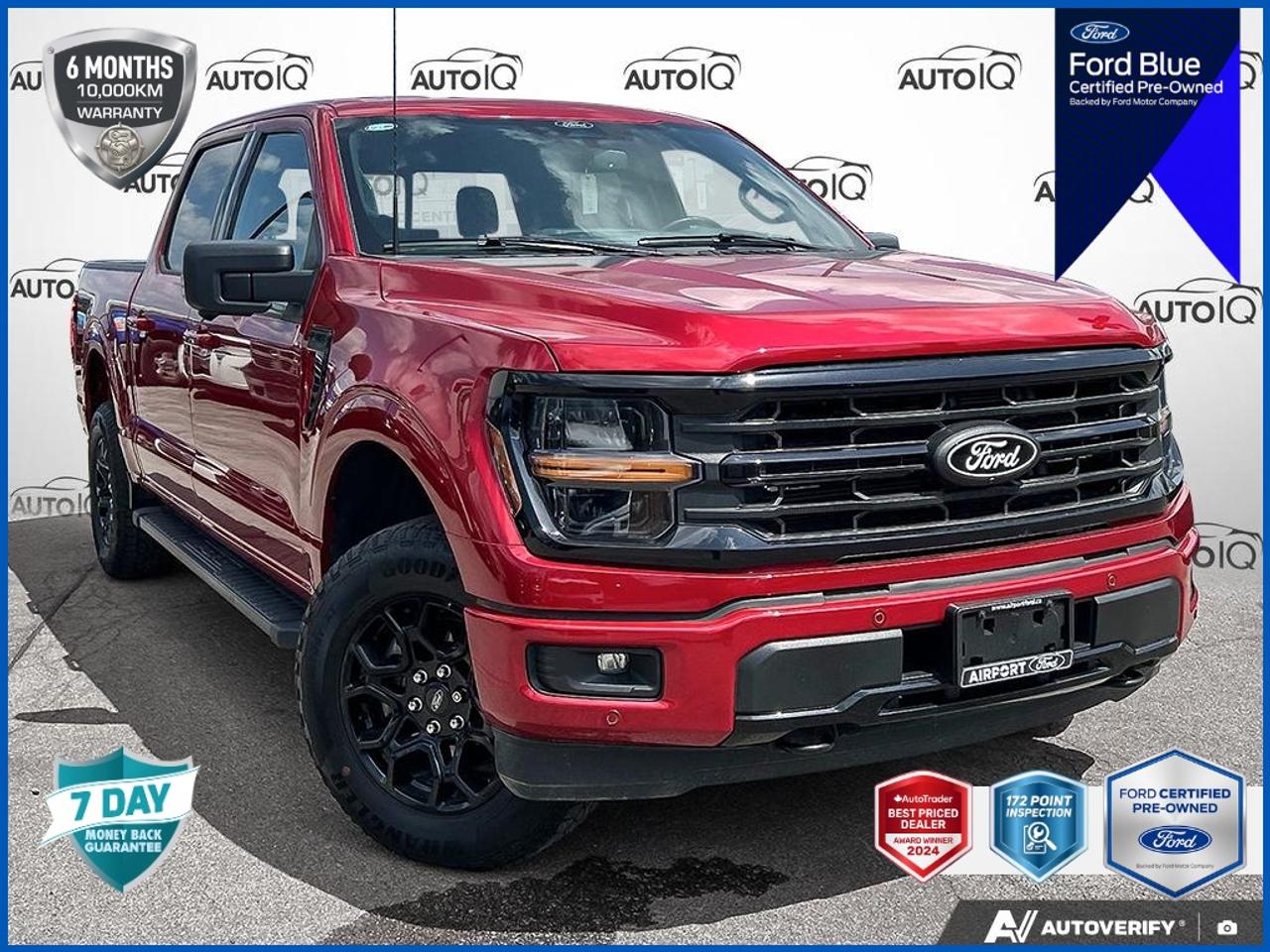 Recent Arrival!<br><br><br>4WD, 4 Pick-up Box Tie-Down Plates, 6 Black Running Boards, Adaptive Cruise Control w/Stop & Go, Auto-Dimming Rear-View Mirror, Bed Utility Package, Black Exterior Badging, Black Grille, Body-Colour Front & Rear Bumpers, Cloth 40/Console/40 Front Seats, Dark Interior Appliques, Equipment Group 302A Mid, Floor Shifter, Ford BlueCruise Equipped (90-Day Trial), Grey Box Side Decal, Heated Front Seats, Intelligent Access w/Push Button Start, LED Box Lighting, LED Sideview Mirror Spotlights, Power Glass Heated Sideview Mirrors, Power Sliding Rear Window w/Privacy Tint & Defrost, Remote Start System w/Remote Tailgate Release, Speed Sign Recognition, Tailgate Step w/Tailgate Work Surface, Unique Sport Cloth 40/Console/40 Front-Seats, Wheels: 18 Gloss Black, XLT Black Appearance Package.<br><br>Red Metallic<br>2024 Ford F-150 XLT Black Appearance Pkg | Bed Utility | 3.5L V6 | No Accidents 4D SuperCrew<br>3.5L V6 EcoBoost 10-Speed Automatic<br>4WD<p> </p>

<h4>FORD BLUE CERTIFIED PRE-OWNED</h4>

<p><strong>Special Financing Available:</strong> Take advantage of exclusive low finance rates OAC*, significantly lower than standard pre-owned rates!</p>

<p>Backed by the stringent Ford Blue Advantage standards, which include a thorough inspection and reconditioning process by factory-trained technicians. Plus, this vehicle includes our exclusive <strong>AutoIQ Platinum Standard</strong></p>

<p>
<strong>Ford Blue Certified Benefits include:</strong><br>
- 172-Point inspection by Ford factory-trained technicians<br>
- 6-month / 10,000-kilometre* Extended Service Plan **<br>
- 10,000 Ford Rewards Points (Can be used toward scheduled maintenance visits or other rewards**)<br>
- 24-hour Roadside Assistance<br>
- Complimentary CARFAX Vehicle History Report<br>
- Complimentary full tank of fuel
</p>

<p>
<strong>AutoIQ Platinum Standard:</strong><br>
- 36-point Provincial Safety Inspection<br>
- Warranty: 90-days or 5,000 KM on inspected mechanical items, factory extended options eligible for warranty up to 200,000 KM<br>
- 3X Provincial safety standard for tire tread depth<br>
- 3X Provincial safety standard for brake pad thickness<br>
- 7 Day Money Back Guarantee***<br>
- Market Value Report provided<br>
- Guaranteed 2 keys/key fobs and door code (if equipped)<br>
- Equipped vehicles include a complimentary 3 month Sirius satellite radio subscription!<br>
- Complimentary full interior detailing and carpet shampoo<br>
- Paintless dent repair and/or touch-ups for applicable body panels<br>
- Vehicle scanned for open recall notifications from manufacturer
</p>

<p>SPECIAL NOTE: This vehicle is reserved for AutoIQs retail customers only. Please, no dealer calls. Errors & omissions excepted.</p>

<p>
As-traded, specialty or high-performance vehicles are excluded from the 7-Day Money Back Guarantee Program (including, but not limited to Ford Shelby, Ford Mustang GT, Ford Raptor, Chevrolet Corvette, Camaro 2SS, Camaro ZL1, V-Series Cadillac, Dodge/Jeep SRT, Hyundai N Line, all electric models)
</p>
