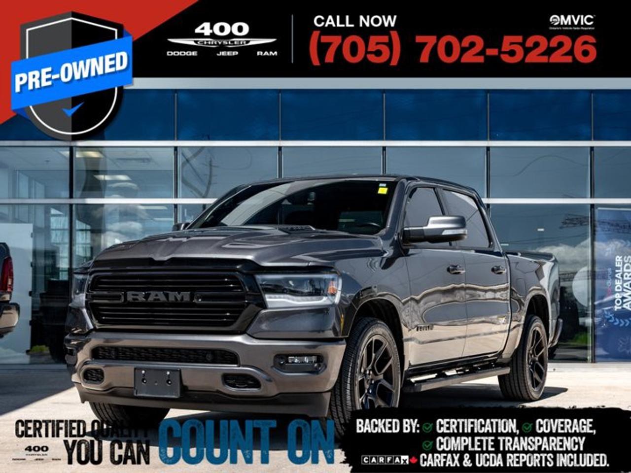 Stand out from the crowd in this exceptionally well-equipped 2020 Ram 1500 Sport Crew Cab 4x4, powered by the legendary 5.7L HEMI V8 engine and loaded with premium features. Finished in Granite Crystal Metallic and enhanced with the sought-after Night Edition package, this truck boasts aggressive 22-inch black forged aluminum wheels, a sport performance hood, and a bold, commanding presence. Inside, youll find luxurious heated and ventilated leather-trimmed bucket seats, a panoramic sunroof, dual-zone automatic climate control, wireless charging, and an Alpine premium audio system with subwoofer. The Level 2 Equipment Group adds advanced convenience features including remote start, proximity entry, front and rear park assist, and a large 8.4-inch Uconnect touchscreen with Apple CarPlay and Android Auto. With a 3.92 rear axle ratio, anti-spin differential, trailer brake controller, Class IV hitch, spray-in bedliner, and a massive 124-litre fuel tank, this Ram delivers the perfect combination of HEMI power, capability, luxury, and style.