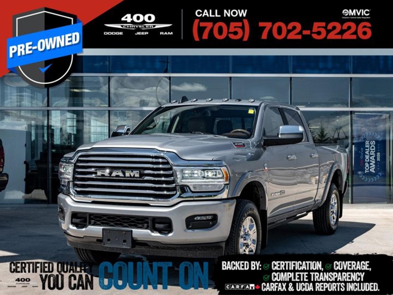 Experience premium luxury and uncompromising capability with this 2022 Ram 3500 Longhorn Crew Cab 4x4, powered by the legendary High-Output 6.7L Cummins Turbo Diesel engine paired with the heavy-duty AISIN 6-speed automatic transmission. Built to handle the toughest towing and hauling jobs with ease, this truck is equipped with the 5th Wheel & Gooseneck Prep Package, rear auto-leveling air suspension, and a Class V hitch receiver. The Longhorn trim surrounds you in luxury with premium Mountain Brown leather seating, heated and ventilated front seats, heated rear seats, a heated steering wheel, and real upscale craftsmanship throughout the cabin. The Longhorn Level 1 Equipment Group adds a massive 12-inch touchscreen, Uconnect 5 navigation, wireless charging, Blind-Spot Monitoring, and a 17-speaker Harman Kardon premium audio system. Finished in Billet Silver Metallic with body-colour bumpers and a tri-fold tonneau cover, this Ram 3500 delivers a commanding presence to match its incredible capability. Whether youre towing heavy equipment, a large RV, or simply want the ultimate heavy-duty truck, this Longhorn offers the perfect blend of Cummins power, advanced technology, and first-class comfort.