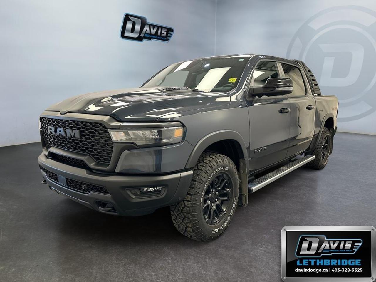 <b>Low Mileage! Heated and Vented Seats, 2nd Row Heated Seats, Rear Recline Seats, Running Boards, RamBar<br /> <br /></b><br /> Take on any adventure in this 2025 Ram 1500 Rebel X Crew Cab 4x4, powered by the all-new 3.0L Hurricane Twin-Turbo I6 engine paired with an 8-speed automatic transmission. Finished in Forged Blue Metallic, this Rebel X combines rugged off-road capability with premium comfort and advanced technology.<br />Equipped with the Rebel Level 2 Equipment Group, it features a 14.4-inch Uconnect 5 touchscreen with navigation, front passenger interactive display, 19-speaker Harman Kardon premium audio system, dual-pane panoramic sunroof, heated and ventilated leather-trimmed front seats, heated rear seats, heated steering wheel, dual wireless charging pads, and a power tailgate.<br />Built for capability, this Rebel X includes a locking rear differential, 3.92 axle ratio, performance-tuned off-road suspension, skid plates, tow hooks, trailer brake controller, Class IV hitch, and 18-inch black wheels wrapped in Goodyear all-terrain tires. Safety is enhanced with Adaptive Cruise Control, Blind Spot Monitoring, Active Lane Management, ParkSense Front and Rear Park Assist, Forward Collision Warning Plus, and Pedestrian Emergency Braking.<br />A perfect blend of luxury, technology, towing capability, and off-road performance, this Ram 1500 Rebel X is ready for work, play, and everything in between.<br /><br /> <br />To apply right now for financing use this link: <a href=https://lethbridge.davisdodge.ca/free-credit-check/ target=_blank rel=nofollow noopener noreferrer>https://lethbridge.davisdodge.ca/free-credit-check/</a><br /> <br /><br />Locally Owned & Trusted for Over 35 Years  Davis Dodge in Lethbridge, AB <br /><br /> At Davis Dodge, weve proudly served the Lethbridge community for more than 35 years, offering an unparalleled car buying experience. Dont just take our word for itour Google reviews speak volumes about our commitment to exceptional service. <br /><br /> Delivery & At-Home Test Drives: Convenient options to suit your lifestyle. <br /><br /> Flexible Financing for Everyone: Get the vehicle you need with financing solutions tailored to your situation. <br /><br /> Full Mechanical Inspections & Professional Cleaning: Every vehicle is thoroughly inspected and cleaned before it hits our lot.<br /><br /> We take all makes and models on trade and offer competitive pricing with inventory that changes daily. Whether you're shopping for a Chrysler, Dodge, Jeep, RAM, or FIAT, our AMVIC Licensed dealership makes it easy to browse, buy, and drive away.<br /><br /> Located in Lethbridge, AB, we proudly serve customers in Fort Macleod, Taber, Claresholm, and Coaldale. Shop online or visit us today to experience the best in sales, service, and selection. Standard bank rates apply; taxes are additional.<br /><br /> Vehicle pricing offer shown expires 2026-07-31. <br /> Come by and check out our fleet of 50+ used cars and trucks and 110+ new cars and trucks for sale in Lethbridge. o~o