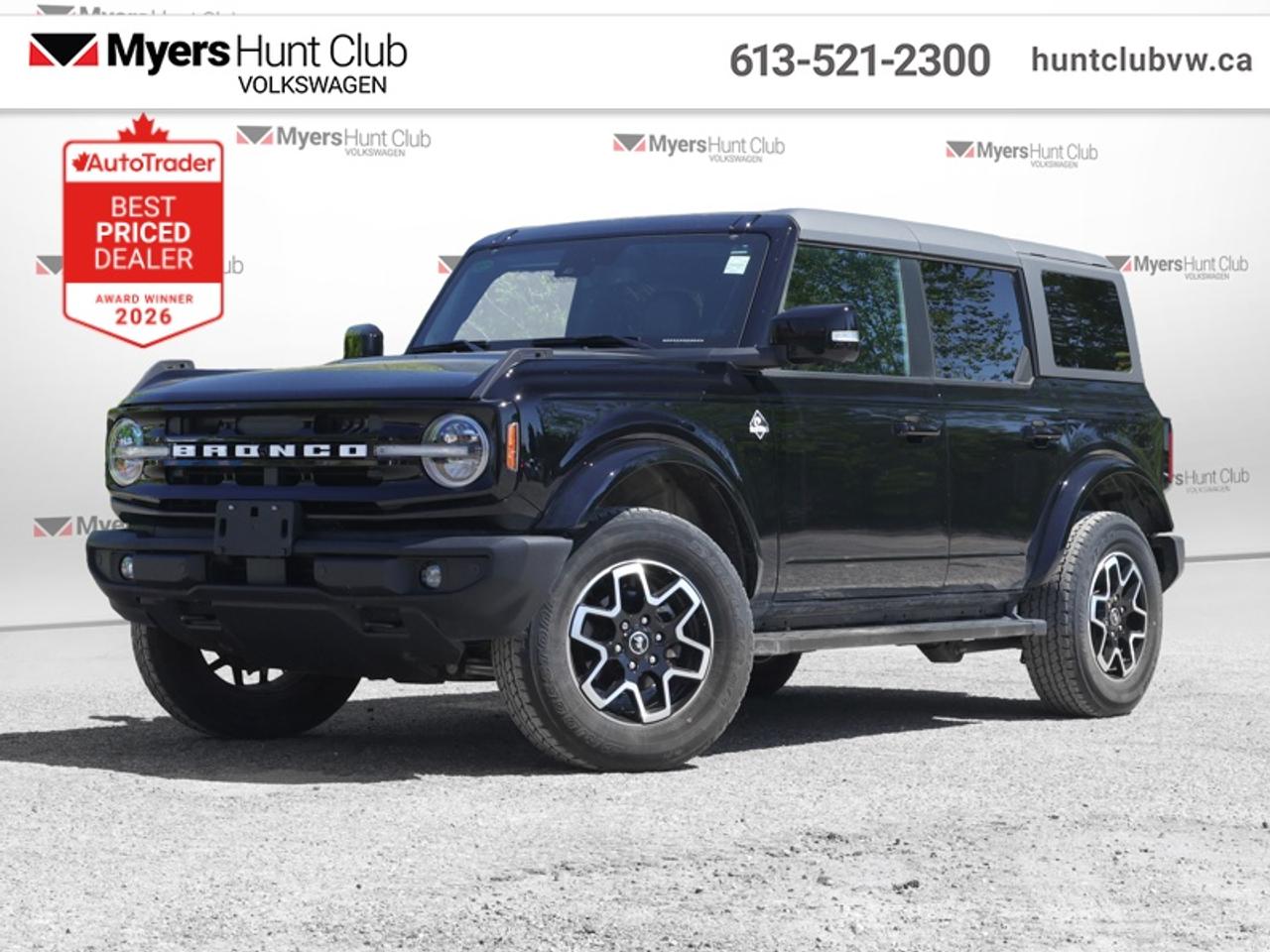 <b>Leather Seats,  Heated Seats!</b><br> <br> Not only is this 2024 Ford Bronco a cool and capable off-roader, but its also incredibly satisfying to drive every day. This 2024 Ford Bronco is fresh on our lot in Gloucester.<br> <br>With a nostalgia-inducing design along with remarkable on-road driving manners with supreme off-road capability, this 2024 Ford Bronco is indeed a jack of all trades and masters every one of them. Durable build materials and functional engineering coupled with modern day infotainment and driver assistive features ensure that this iconic vehicle takes on whatever you can throw at it. Want an SUV that can genuinely do it all and look good while at it? Look no further than this 2024 Ford Bronco!<br> <br>This SUV has 34,590 km. Its Shadow Black in colour. It has an Automatic transmission and is powered by a 315HP 2.7L V6 Cylinder Engine. <br> <br> Our Broncos trim level is Outer Banks. This Bronco Outer Banks takes things to a whole new level, with polished aluminum wheels, body colored fender flares, door handles and power heated side mirrors, along with LED headlights with high beam assist, front fog lights, and upgraded LED brake lights. This rugged off-roader also treats you with amazing comfort and connectivity features that include heated front seats, remote engine start, dual-zone climate control, front and rear cupholders, and an upgraded infotainment system with Apple CarPlay, Android Auto, SiriusXM and inbuilt navigation, to get you back home from your off-road adventures. Road safety is assured thanks to a suite of systems including blind spot detection, pre-collision assist with pedestrian detection and cross-traffic alert, lane keeping assist with lane departure warning, rear parking sensors, and driver monitoring alert. Additional features include proximity keyless entry with push button start, trail control, trail turn assist, and so much more. This vehicle has been upgraded with the following features: Leather Seats, Heated Seats.<br> To view the original window sticker for this vehicle view this <a href=http://www.windowsticker.forddirect.com/windowsticker.pdf?vin=1FMEE8BP3RLA09346 target=_blank>http://www.windowsticker.forddirect.com/windowsticker.pdf?vin=1FMEE8BP3RLA09346</a>. <br/><br> <br>To apply right now for financing use this link: <a href=https://www.huntclubvw.ca/financing-request/ target=_blank>https://www.huntclubvw.ca/financing-request/</a><br> <br/><br>At Myers Hunt Club Volkswagen, our focus is customers like you. Our dedicated service, parts, and sales team are here to make your automotive experience a special one. We are very proud of our achievements and awards over the last 25 years and are committed to providing the same great service to our present and future customers. If youre looking for a vehicle, Myers Hunt Club Volkswagen is your destination for new, used, and certified pre-owned Volkswagen vehicles as well as other makes and models. Whatever your needs, we can help you here at Myers Hunt Club Volkswagen. </br><br> Come by and check out our fleet of 50+ used cars and trucks and 190+ new cars and trucks for sale in Gloucester.  o~o