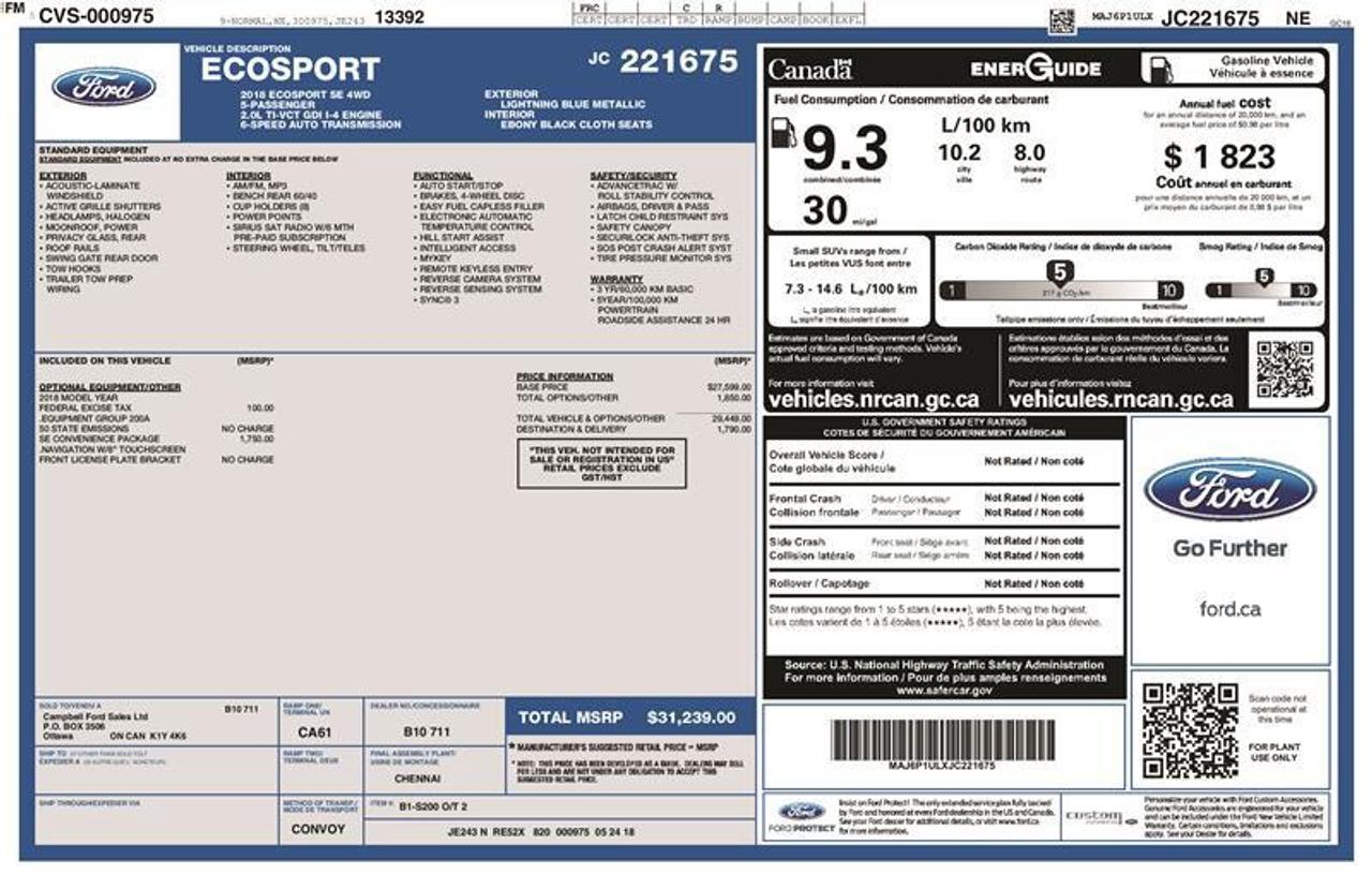 2018 Ford EcoSport SE 4WD W/Winter wheel pkg Photo