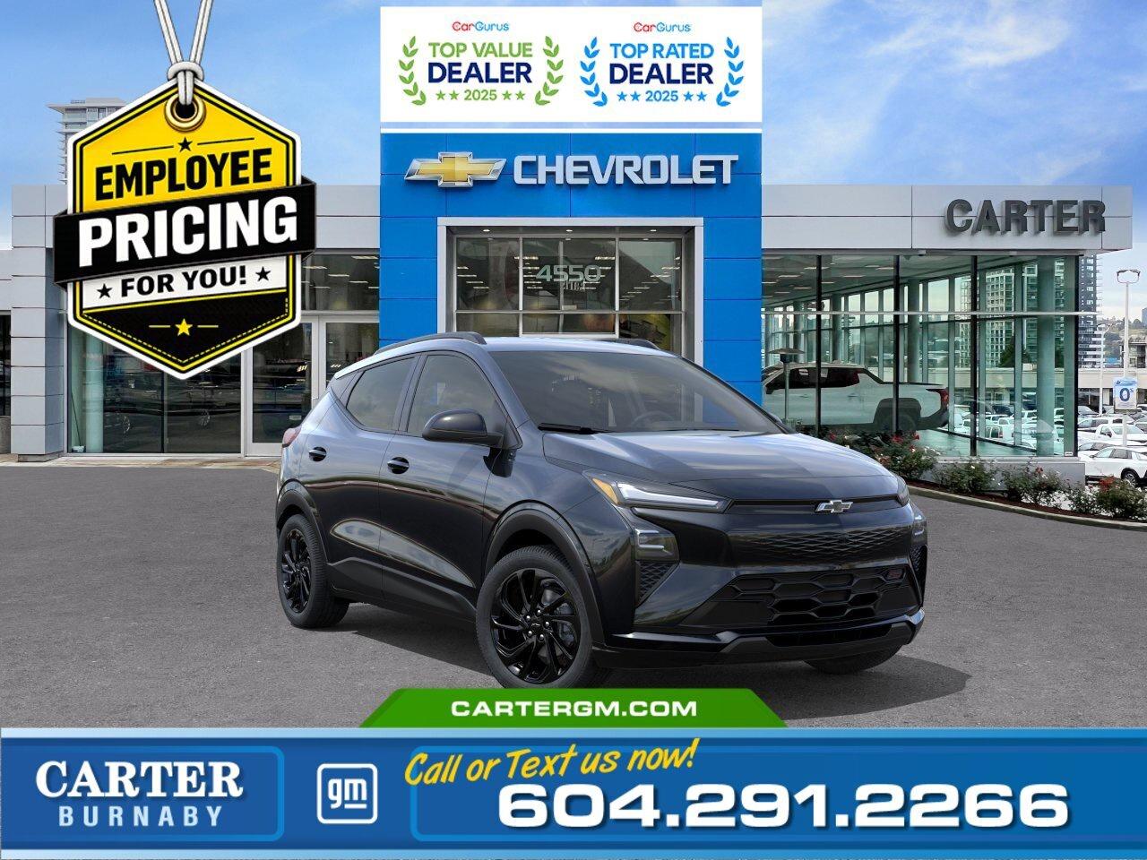 GREAT NEWS! EMPLOYEE PRICING IS BACK! Unlock exceptional savings on eligible new electric vehicles. Combine Employee Pricing with available incentives and drive home an EV for less.  Available Savings Include:  - $1,500 Employee Pricing Credit - $2,300 Non stackable cash discount - Up to $5,000 Federal EVAP incentive for eligible customers, applied after tax.  Only vehicles with a final transaction price under $50,000 before tax are eligible for EVAP.  Drive the future with this 2027 Chevrolet Bolt RS FWD, a sporty all-electric hatchback designed for efficiency and everyday excitement. With an impressive 422 km driving range, its ready for both city commutes and weekend adventures. Enjoy comfort with an 8-way power driver seat and heated power-adjustable mirrors. Advanced safety features like Front Pedestrian and Bicyclist Braking, Reverse Automatic Braking, Rear Cross Traffic Braking, Blind Zone Steering Assist, Side Bicyclist Alert, and StabiliTrak stability control help keep you confident on every drive.  WHY CARTER GM BURNABY?  - An unrivalled vehicle purchasing experience! - Exceeding our loyal customers expectations since 1963 - 4.5 Google star rating with 2,300+ customer reviews) - CarGurus Top-Rated Dealer 2025 Award - CarGurus Top Value Dealer 2025 Award - Vehicle trades welcome! Best price guaranteed! - We provide upfront pricing, zero hidden fees, and 100% transparency - Fast approvals and 99% acceptance rates (no matter your current credit status!) - Multilingual staff (many languages spoken) - Comfortable non-pressured environment with in-store television, WIFI and a childrens play area! - In-store restaurant: fresh daily menu        Were here to help you drive the vehicle you want, the vehicle you deserve! QUESTIONS? GREAT! WEVE GOT ANSWERS! To speak with a friendly vehicle specialist - CALL NOW! The advertised price includes all standard dealer fees and any applicable manufacturer or dealer incentives. It does not include applicable taxes, licensing, insurance, or optional products or services. Dealer fees will be clearly broken out and itemized on the bill of sale, maximum total of fees $699.00. Prices are shown in Canadian dollars. While we make every effort to ensure accuracy, vehicle details, pricing, options, and availability are subject to change without notice. Please confirm all information with dealership sales management before purchase. Dealer Code: 81129
