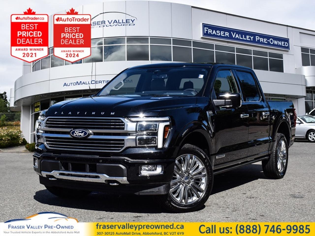 2024 FORD F-150 PLATINUM POWERBOOST HYBRID - 22 WHEELS - PRO POWER 7.2KW - B&O AUDIO 
 
3.5L PowerBoost Hybrid, 360 Camera, Heated/Ventilated/Massage Seats, Wireless Charging, Pro Power Onboard, Trailer Brake Controller
 
Fraser Valley Pre-Owned is proud to present this 2024 Ford F-150 Platinum PowerBoost Full Hybrid in Agate Black Metallic over Smoked Truffle leather - the absolute top of the F-150 lineup in both spec and presence, and one of the most thoroughly equipped half-ton trucks available at any price point. The Platinum trim was optioned with Equipment Group 703A bringing the total MSRP to $112,110 new - and every dollar of that is visible the moment you open the door. The PowerBoost 3.5L full hybrid system is the reason serious F-150 buyers seek out this specific configuration - strong hybrid-assisted power, meaningfully better fuel consumption than a conventional V8, and the 7.2kW Pro Power Onboard system that turns this truck into a mobile generator capable of running power tools, job site equipment, or a full campsite right from the bed. The 360-degree camera system, trailer brake controller, electronic locking rear differential, and 7,400 lb GVWR make it as capable as it is comfortable. Inside the Platinum is the F-150 at its most premium - Smoked Truffle leather throughout, heated and ventilated front seats with memory and massage, heated rear seats, ambient lighting, 12-inch productivity screen, SYNC 4 with 12-inch EVR display, B&O Unleashed audio system, wireless charging pad, universal garage door opener, adaptive cruise control, BLIS with cross-traffic alert, lane keeping system, pre-collision assist with automatic emergency braking, reverse brake assist, remote vehicle start, and zone lighting. Power running boards, power tailgate with power rear window, LED fog and projector headlamps, and FordPass Connect 4G round out a truck that leaves nothing on the table. Accident free on Carfax Canada, normal branding throughout. This is the F-150 that makes every other trim feel like a compromise.
 
Highlights
 
2024 Ford F-150 Platinum PowerBoost Full Hybrid 4x4
Agate Black Metallic exterior
Smoked Truffle premium leather interior
3.5L PowerBoost Full Hybrid V6
10-Speed automatic transmission
4x4 - electronic locking rear differential
3.73 electronic lock rear axle
Equipment Group 703A
22-inch premium painted wheels with chrome inserts
275/50R22 BSW all-season tires
7.2kW Pro Power Onboard - mobile generator
7,400 lb GVWR package
Trailer brake controller
360-degree camera system
B&O Unleashed premium audio system
12-inch productivity screen
SYNC 4 with 12-inch EVR display
Wireless charging pad
Heated and ventilated front leather seats with massage
Heated rear seats
Driver seat and mirror memory
Ambient lighting
Adaptive cruise control
BLIS with cross-traffic alert
Lane keeping system
Pre-collision assist with automatic emergency braking
Reverse brake assist and reverse sensing system
Remote vehicle start
Intelligent access with push-button start
Universal garage door opener
Power running board
Power tailgate
Power rear window with defrost and privacy tint
LED fog lamps
LED projector headlamps
LED tail lamps
Power signal mirrors
Zone lighting
FordPass Connect 4G WiFi
Engine block heater
BlueCruise equipped - 90 day trial
No accident or damage records on Carfax Canada
Normal branding on Carfax Canada
 
Restoration Notes
 
Carfax Canada confirms no accidents or damage records and normal branding throughout. Pre-delivery inspection completed at a Ford dealer with wheel locks installed. Arrives clean, fully loaded, and ready. Serviced and inspected to Fraser Valley Automall standards before hitting the lot.
 
Trades welcome.
 
Finance and warranty options available for all types of credit situations.
 
Dealership:
 
Fraser Valley Pre-Owned knows trucks - and we know that a Platinum PowerBoost with 22-inch wheels, B&O audio, Pro Power Onboard, 360 camera, and a $112,000 original MSRP at a pre-owned price is not something you pass on twice. As the only dedicated pre-owned store inside the Fraser Valley Automall, we hold every unit to a standard that earns repeat business. Multiple-time AutoTrader Lowest Priced Dealer award winners and proud recipients of the 2025 and 2026 Canadian Consumer Choice Award for Pre-Owned Auto Dealership of the Year. Top trim. Real price. Come see it today.
 
307-30125 Auto Mall Drive, Abbotsford, BC V2T 6Y9
Fraser Valley Automall
www.fraservalleypreowned.ca
 
All finance/lender options available - cash purchases welcome
 
To apply right now for financing use this link: https://www.fraservalleypreowned.ca/abbotsford-car-loan-application-british-columbia
 

| Our Quality Guarantee: We maintain the highest standard of quality that is required for a Pre-Owned Dealership to operate in an Auto Mall. We provide an independent 360-degree inspection report through licensed 3rd Party mechanic shops. Thus, our customers can rest assured each vehicle will be a reliable, and responsible purchase.  |  Purchase Disclaimer: Your selected vehicle may have a differing finance and cash prices. When viewing our vehicles on third party  marketplaces, please click over to our website to verify the correct price for the vehicle. The Sale Price on third party websites will always reflect the Finance Price of our vehicles. If you are making a Cash Purchase, please refer to our website for the Cash Price of the vehicle.  | All prices are subject to and do not include, a $995 Finance Fee, a $995 Document Fee, and a $499 GPS Lot Pack. VSA Security Fee of $10 is applicable as we are a Certified VSA Dealer (#40190).  These fees as well as taxes, are included in all listed listed payment quotes. Please speak with Dealer for full details and exact numbers.  o~o