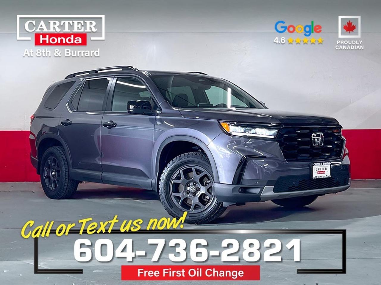 HONDA PRE-OWNED CERTFIIED | LOCALLY DRIVEN

KEY FEATURES
3.5-litre V6 producing 285 horsepower and 262 lb-ft of torque, 10-speed automatic paired with Hondas 2nd-generation i-VTM4&reg; torque-vectoring all-wheel-drive system, Sport, Normal, Econ, Snow, Tow, Trail, and Sand modes, 1-inch suspension lift, thick steel skid plates protecting the oil pan, transmission, and gas tank, plus built-in front and rear recovery points, maximum towing capacity of 2,268 kg (5,000 lbs), featuring a standard trailer hitch, Continental all-terrain tires wrapped around TrailSport-exclusive 18-inch Shark Grey aluminum-alloy wheels, 7-passenger seating featuring second-row captains chairs and robust easy-to-clean leatherette seating, Heated front and rear seats, a heated steering wheel, and manual second-row sunshades, 9-inch touchscreen display with wireless Apple CarPlay&reg; and Android Auto, plus a wireless charging pad, standard one-touch power panoramic moonroof with power, adaptive cruise control, lane-keeping assist, traffic sign recognition, and a multi-view camera system with a Trail-mode view & hill descent control.               

Why Purchase Your Vehicle from Carter Honda?

- Your first oil change is on us
- Guaranteed 2 keys, full tank of gas, tire & rim protection for 1 year
- A truly customer-first vehicle buying experience
- Proudly exceeding customer expectations for over 50 years
- Honda Certified Used Vehicles: 7-Day or 1,000 km Exchange
- Used Vehicles (Non-Honda, Non-Certified): 5-Day or 500 km Exchange
- 4.6-star Google rating based on 3,200+ customer reviews
- Large selection of quality vehicles across popular makes and models
- CARFAX vehicle history reports available on most vehicles
- Rigorous 143-point vehicle inspection for added peace of mind
- Fast approvals with financing options for most credit situations
- We welcome trade-ins and offer competitive market value
- Multilingual staff available to assist in multiple languages

Were here to help you drive the vehicle you want, the vehicle you deserve!

QUESTIONS? GREAT! WEVE GOT ANSWERS!
CALL OR TEXT US NOW! (604) 736-2821
(Doc. Fee: $795.00 | Dealer Code: 1100)