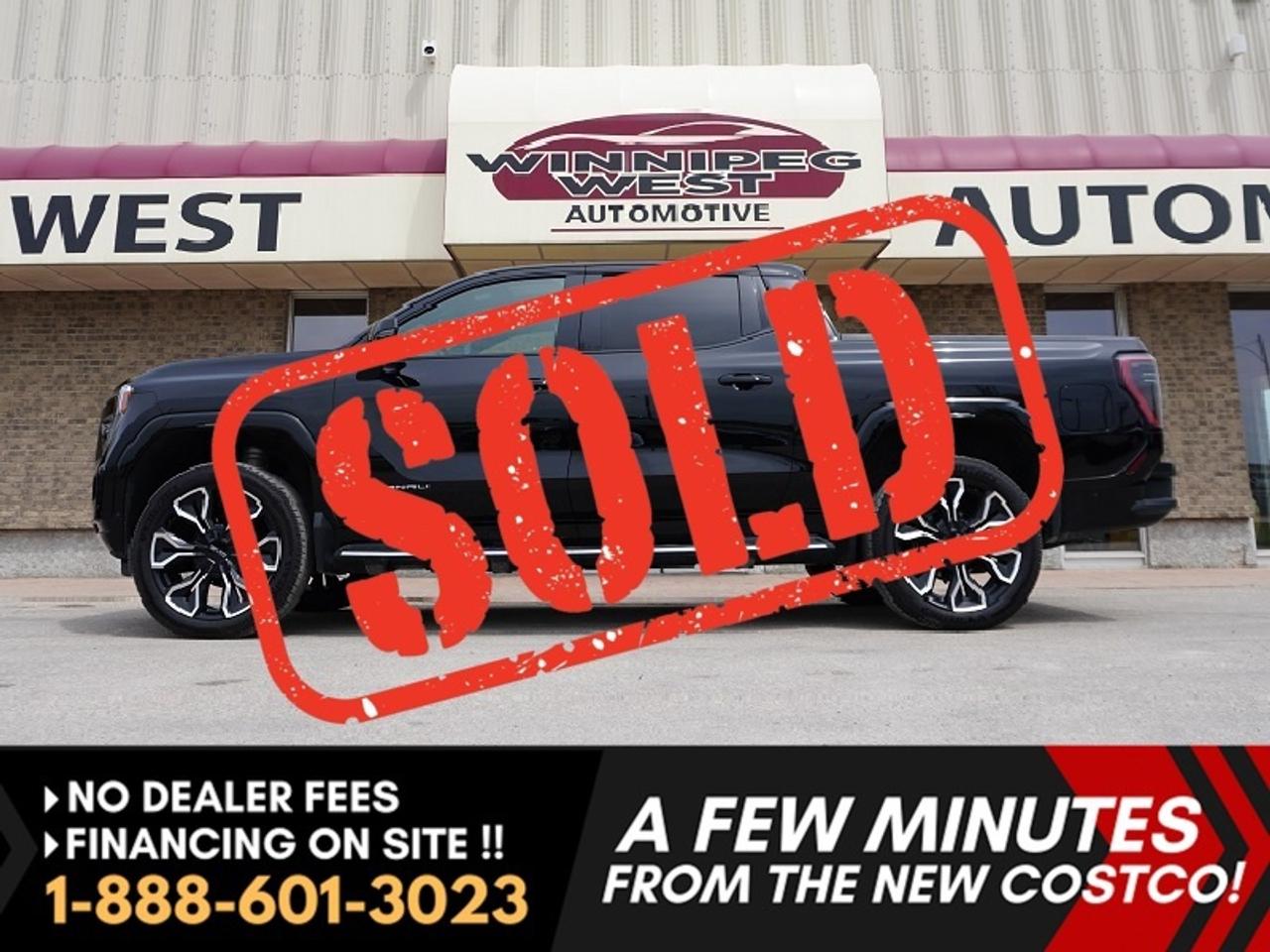 *** Dealer arranged financing on site! Quick, Simple,  no calls or waiting on bank appointments required!! Drive away today ***   NO ADMINISTRATION FEES!!


IMPRESSIVE 2025 SIERRA EV Denali MAX RANGE e4WD *** with ONLY 18,000 KMS!!!!!! ***   Over $146,000 replacement cost  - -   Big Savings From New  - -     This truck is absolutely LOADED!!!! - - Stunning interior with a MASSIVE Panoramic glass roof - - Premium leather seats - - Heated and ventilated front row - - Heated back seats - - Heated steering wheel - - Super cruise JANDS-FREE DRIVING - - HUGE 16.8-InchTouchscreen with Navigation, Apple CarPlay, and Android Auto - - PREMIUM Bose 7-speaker system - - 360 Degree back up camera - - Digital driver display - - Heads up display - - Dual-zone climate control - - Remote start - - Full length running boards - - MULTIPRO MIDGATE - -  Rhino spray-on bedliner - - Super cruise hands free driving  - - Forward collision alert - - Lane keep assist - - blind zone steering assist- - Adaptive cruise control and many more high tech safety features.

The ultimate luxury electric pickup. Stunning Onyx Black exterior with a matching black interior.  - -  Rolling on 24s, 2 tone alloy wheels  - -  Leather seats, wood grain trim and Galvano chrome accents. This truck perfectly combines luxury and functionality with foldable rear seats and removable back glass window for added capacity. Power-open eTrunk weatherproof storage area in the front of the truck for extra storage. 

This truck shows LIKE NEW!!! It has excellent history! Zero accidents. Non-smoker. A stunning and unique electric truck!   No more Fuel stops. . .  No more oil changes.   Just drive and drive with no more maintenance bills.   Simple, quiet, peaceful and powerful. . 

Features
- 24" Wheels
- 4-Wheel Steer
- Tow Hitch
- Running Boards/Side Steps
- Durable spray-on bedliner
- Integrated Turn Signal Mirrors
- Power Folding Mirrors
- Rain Sensing Wipers
- Intermittent Wipers
- Variable Speed Intermittent Wipers
- Privacy Glass
- 16.8" diagonal centre touchscreen
- Super Cruise Hands free driving
- Heads-Up Display
- Navigation System
- Bose 7-speaker audio system with Richbass woofer
- Aerial View Display System
- Back-Up Camera
- Bluetooth Connection
- WiFi Hotspot
- Auxiliary Audio Input
- Satellite Radio
- Steering Wheel Audio Controls
- Panoramic glass roof
- Multi-Zone A/C
- Rear A/C
- Heated Steering Wheel
- Heated Front Seat(s)
- Cooled Front Seat(s)
- Heated Rear Seat(s)
- Bucket Seats
- Power Driver Seat
- Power Passenger Seat
- Driver Adjustable Lumbar
- Mirror Memory
- Remote Engine Start
- Keyless Entry
- Universal Garage Door Opener
- Auto-Dimming Rearview Mirror
- Adjustable Steering Wheel
- Power Windows
- Power Door Locks
- Floor Mats
- Rear Defrost
- Adaptive Cruise Control
- Cruise Control Steering Assist
- Rear cross traffic braking
- Front Collision Mitigation
- Lane Keeping Assist
- Blind Spot Monitor
- Evasion Assist
- Driver Monitoring
- Driver Restriction Features
- Automatic Highbeams
- LED Headlights
- Daytime Running Lights
- Fog Lamps
- Brake Assist
- Stability Control
- Traction Control
- Security System
- Child Safety Locks
- Multiple air bags 
- MULTIPRO MIDGATE with Foldable rear seats and removable back glass window
- Power-open eTrunk


Comes with a Manitoba Safety Certification, and we have many Extended Powertrain warranties available on your vehicle purchase up to 10-year coverage (on eligible vehicles see dealer for details). Financing on site with Zero down financing OAC. Trades accepted. View at Winnipeg West Automotive Group, 5195 Portage Ave. (only a couple of minutes past the new Costco) Dealer permit # 6007, Call now 1(888) 601-3023. This Car is located in Winnipeg Manitoba,  however we can have it shipped anywhere in North America relatively inexpensively.