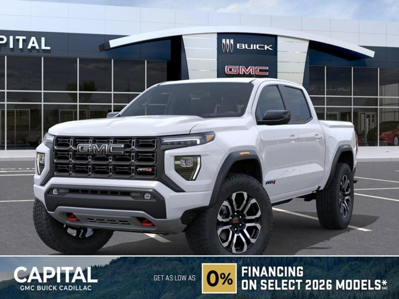This 2026 GMC Canyon in Summit White is equipped with 4WD and Turbocharged Gas I4 2.7L/ engine.The GMC Canyon might be midsize, but its fully premium. Designed for easy access, an available easy lift and lower tailgate allows for smooth operation, while an integrated corner-step rear bumper provides efficient access to the truck bed and your cargo. Its the little things that set the Canyon apart, like its LED-signature front lighting, chrome grille surrounds and chrome mirror caps and door handles. The Canyon is takes premium comfort to a new level with features such as available soft-touch instrument panel and available heated driver and front passenger seats. The interior is also engineered to give you and your passengers an exceptional level of quiet, from noise-reducing innovations to triple door seals. This truck offers an engine lineup that delivers power and efficiency. This baby has 308 horsepower and can tow up to 3493 KG (7700 LB.). Intelligent control features, including traction control, trailer sway and hill descent control, available automatic rear locking differential, brake rotors and integrated trailer brake controller and diesel exhaust brake, to help you stay confidently in command no matter what you may be hauling or trailering. The Canyon provides intelligently placed controls and driver-centric features to keep you in touch, in charge and connected on the road, from available built-in Wi-Fi, an infotainment system with navigation and a rear-vision camera, to power outlets, rear seat reminders and access to the myGMC app. Youll also find state-of-the-art safety to help enhance your awareness of the road and surrounding vehicles, such as available forward collision alert, and more.Check out this vehicles pictures, features, options and specs, and let us know if you have any questions. Helping find the perfect vehicle FOR YOU is our only priority.P.S...Sometimes texting is easier. Text (or call) 306-801-9090 for fast answers at your fingertips!Dealer License #914248Disclaimer: All prices are plus taxes & fees. See dealer for Details. Dealer Permit # 914248 See dealer for Details.