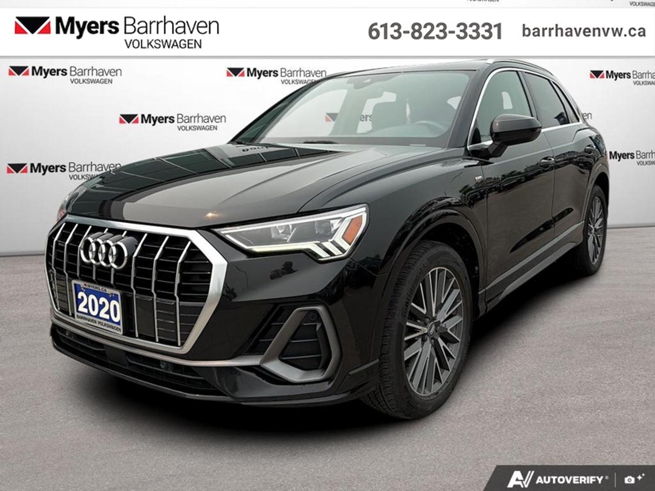 <b>Blind Spot Detection,  Lane Departure Warning,  Park Assist,  Sunroof,  Leather Seats!</b><br> <br> The Q3 is the refreshed modern, roomy, comfortable compact SUV with a strikingly beautiful design and excellent on road capabilities. This 2020 Audi Q3 is for sale today in Nepean.<br> <br>With plenty of style and Audis sporty design language, this aggressive 2020 Q3 is packed full of modern technology and luxurious features. The capability and utility in this compact crossover is second to none, with tons of extra space for all of your passengers. With an improved driving position the Q3s cabin is more luxurious, featuring ambient interior lighting, a fully digital gauge cluster, and contrasting microsuede on the dashboard and doors.<br> <br>This SUV has 108,640 km. Its Black in colour and is completely accident free based on the <a href=https://vhr.carfax.ca/?id=EbUapb2rgcXXJhAMhDHlbYHBYcEbsdW9 target=_blank>CARFAX Report</a>. It has an Automatic transmission and is powered by a 228HP 2.0L 4 Cylinder Engine. <br> <br> Our Q3s trim level is Progressiv 45 TFSI quattro. This little crossover is full of style with twin spoke alloy wheels, 2 row sunroof, rain sensing wipers, chrome grille, and LED lighting with front and rear fog lamps. That style continues to the interior with amazing infotainment from a 10 speaker Audi sound system, 8.8 inch touchscreen, voice activation, and audio streaming. A touch of luxury is added with heated leather seats, power liftgate, proximity key, front and rear parking sensors, blind spot monitoring, and lane departure warning. This vehicle has been upgraded with the following features: Blind Spot Detection, Lane Departure Warning, Park Assist, Sunroof, Leather Seats, Heated Seats, Power Liftgate.<br> <br>To apply right now for financing use this link: <a href=https://www.barrhavenvw.ca/financing-request/ target=_blank>https://www.barrhavenvw.ca/financing-request/</a><br> <br/>Buy this vehicle now for the lowest bi-weekly payment of <b>$163.06</b> with $0 down for 84 months @ 8.99% APR O.A.C. ((Plus applicable taxes and fees - Some conditions apply to get approved at the mentioned rate) ). See dealer for details. <br><br>We are your premier Volkswagen dealership in the region. If youre looking for a new Volkswagen or a car, check out Barrhaven Volkswagens new, pre-owned, and certified pre-owned Volkswagen inventories. We have the complete lineup of new Volkswagen vehicles in stock like the GTI, Golf R, Jetta, Tiguan, Atlas Cross Sport, Volkswagen ID.4 electric vehicle, and Atlas. If you cant find the Volkswagen model youre looking for in the colour that you want, feel free to contact us and well be happy to find it for you. If youre in the market for pre-owned cars, make sure you check out our inventory. If you see a car that you like, contact 844-914-4805 to schedule a test drive.<br> Come by and check out our fleet of 50+ used cars and trucks and 130+ new cars and trucks for sale in Nepean.  o~o