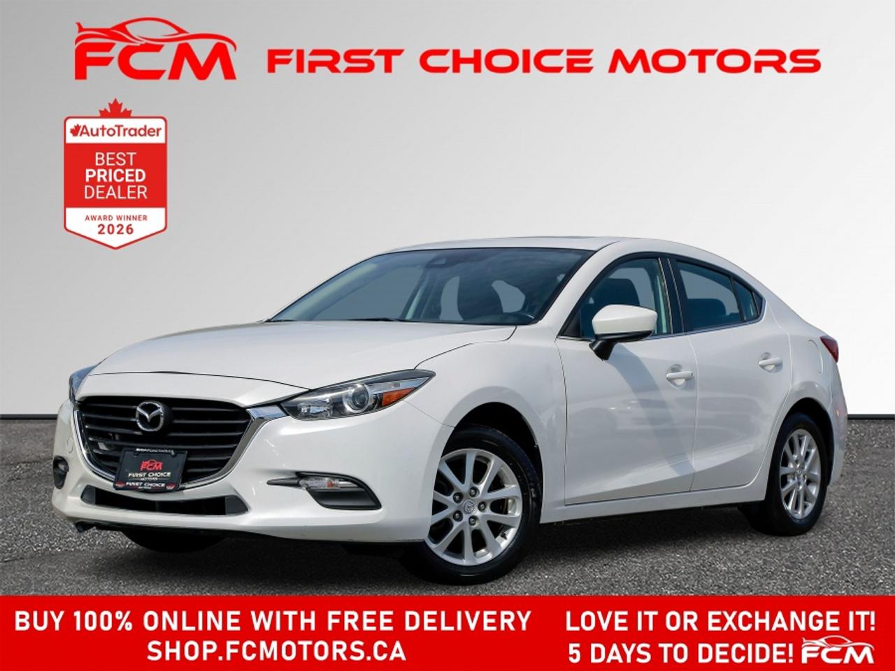 ** ** SPECIAL LIMITED TIME OFFER ** ** PURCHASE ANY VEHICLE THIS WEEK AND RECEIVE 4 BRAND-NEW ALL-SEASON TIRES AT NO ADDITIONAL COST!!! DON   T MISS THIS EXCLUSIVE CHANCE TO UPGRADE YOUR RIDE AND STAY PREPARED FOR ANY WEATHER!!! <br><br>EXCITING NEWS FROM FIRST CHOICE MOTORS! Our brand-new online showroom is now open to the public, bringing the ultimate car shopping experience right to your fingertips! Enjoy a 100% online car shopping experience, with over 500 certified vehicles in stock, comprehensive protection plans, and thousands of new auto parts & accessories available! Plus, for a limited time, were offering FREE deliveries across Ontario on all vehicle purchases! Dont miss out   visit Shop.fcmotors.ca to find and upgrade your perfect vehicle today!<br><br>Welcome to First Choice Motors, the largest car dealership in Toronto of pre-owned cars, SUVs, and vans priced between $5000-$15,000. With an impressive inventory of over 300 vehicles in stock, we are dedicated to providing our customers with a vast selection of affordable and reliable options. <br><br>Were thrilled to offer a used 2018 Mazda MAZDA3 GS Skyactiv, white color with 165,000km (STK#9900) This vehicle was $11990 NOW ON SALE FOR $10990. It is equipped with the following features:<br>- Manual Transmission<br>- Sunroof<br>- Heated seats<br>- Bluetooth<br>- Reverse camera<br>- Alloy wheels<br>- Power windows<br>- Power locks<br>- Power mirrors<br>- Air Conditioning<br><br>At First Choice Motors, we believe in providing quality vehicles that our customers can depend on. All our vehicles come with a 36-day guarantee on all safety related items. We also offer additional warranty options up to 5 years for our customers who want extra peace of mind.<br><br>Furthermore, all our vehicles are sold fully certified with brand new brakes rotors and pads, a fresh oil change, and brand new set of all-season tires installed & balanced. You can be confident that this car is in excellent condition and ready to hit the road.<br><br>At First Choice Motors, we believe that everyone deserves a chance to own a reliable and affordable vehicle. Thats why we offer financing options with low interest rates starting at 7.9% O.A.C. Were proud to approve all customers, including those with bad credit, no credit, students, and even 9 socials. Our finance team is dedicated to finding the best financing option for you and making the car buying process as smooth and stress-free as possible.<br><br>Our dealership is open 7 days a week to provide you with the best customer service possible. We carry the largest selection of used vehicles for sale under $9990 in all of Ontario. We stock over 300 cars, mostly Hyundai, Chevrolet, Mazda, Honda, Volkswagen, Toyota, Ford, Dodge, Kia, Mitsubishi, Acura, Lexus, and more. With our ongoing sale, you can find your dream car at a price you can afford. Come visit us today and experience why we are the best choice for your next used car purchase!<br><br>All prices include $22.00 OMVIC Fee.  Excludes, license plates, ownership registration and ONTARIO HST (13%)<br>*No Credit Card payments can be accepted for Vehicle Purchases*