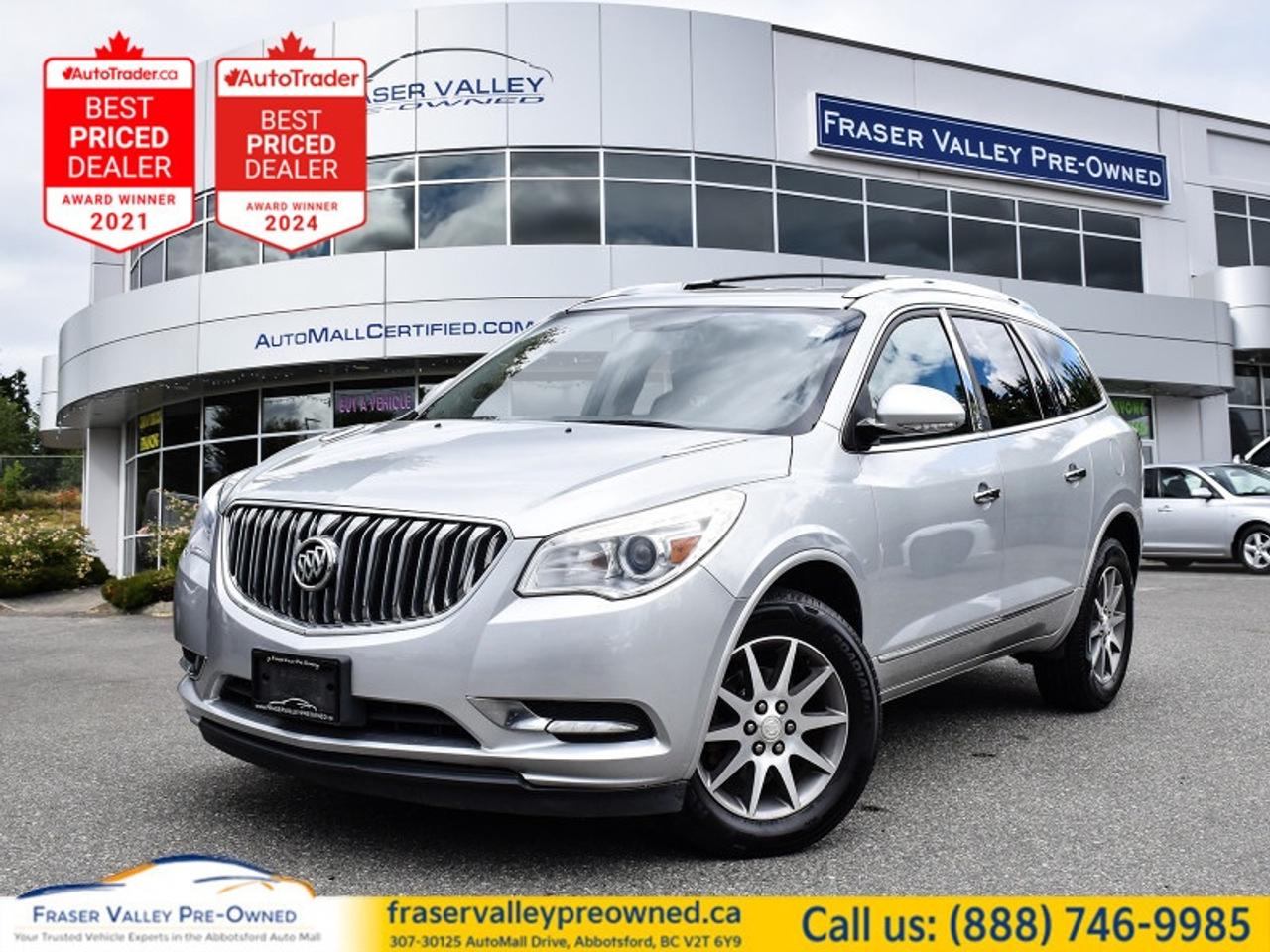 2015 BUICK ENCLAVE - LEATHER - HEATED/COOLED SEATS - REAR ENTERTAINMENT - PREMIUM AUDIO - 3 ROW LUXURY
 
3.6L V6, FWD, Leather Seats, Heated and Cooled Front Seats, Memory Seats, Rear DVD Entertainment, Premium Audio, Power Tailgate, Park Assist, 8-Passenger Seating
 
Fraser Valley Pre-Owned is proud to present this 2015 Buick Enclave - a genuinely hard-to-find combination of three-row family space and true luxury appointments that easily rival vehicles well outside its price class. This Enclave seats up to 8 and comes equipped with heated and cooled leather seats, memory seat settings, a rear drop-down DVD entertainment system, premium audio, a power tailgate, and park assist - the kind of feature set that makes the daily family hauler feel like something special, especially on those longer road trips. The smooth 3.6L V6 delivers 288 horsepower with confident, comfortable performance. At 200,406 km, this Enclave has been consistently serviced through Murray GM Abbotsford and other trusted shops throughout its life - a mechanically sound example that is genuinely hard to come by in this kind of condition.
 
Highlights
 
2015 Buick Enclave
Silver exterior
Black leather interior
200,406 km
3.6L V6 - 288HP
6-Speed automatic transmission
FWD
8-passenger seating
Heated front seats
Cooled front seats
Memory drivers seat
Rear drop-down DVD entertainment system
Power tailgate
Park assist
Premium XM audio system
Touchscreen infotainment
Wood grain interior trim
Bluetooth connectivity
Power windows and locks
Dual-zone automatic climate control
Heated steering wheel
Alloy wheels
 
Restoration Notes
 
Carfax Canada confirms 10 service records with consistent maintenance at Murray GM Abbotsford throughout this Enclaves life, including wheel bearing and washer pump service performed under warranty in the early years. Regular oil changes and maintenance inspections have continued right through to recent service at Grip Auto & Tire in Langley. This Enclave has been well cared for and presents as a genuinely solid example at this kilometre mark. Serviced and inspected to Fraser Valley Automall standards before hitting the lot.
 
Trades welcome.
 
Finance and warranty options available for all types of credit situations.
 
Dealership:
 
A clean, well-equipped three-row Enclave with heated and cooled leather seats and rear entertainment does not come along often, and Fraser Valley Pre-Owned is proud to offer this one at a price that reflects real value. As the only dedicated pre-owned store inside the Fraser Valley Automall, we are backed by multiple AutoTrader Lowest Priced Dealer awards and the 2025 and 2026 Canadian Consumer Choice Award for Pre-Owned Auto Dealership of the Year in Abbotsford. Luxury, space, and comfort for the whole family - come see it today.
 
307-30125 Auto Mall Drive, Abbotsford, BC V2T 6Y9
Fraser Valley Automall
www.fraservalleypreowned.ca
 
All finance/lender options available - cash purchases welcome
 
To apply right now for financing use this link: https://www.fraservalleypreowned.ca/abbotsford-car-loan-application-british-columbia
 

| Our Quality Guarantee: We maintain the highest standard of quality that is required for a Pre-Owned Dealership to operate in an Auto Mall. We provide an independent 360-degree inspection report through licensed 3rd Party mechanic shops. Thus, our customers can rest assured each vehicle will be a reliable, and responsible purchase.  |  Purchase Disclaimer: Your selected vehicle may have a differing finance and cash prices. When viewing our vehicles on third party  marketplaces, please click over to our website to verify the correct price for the vehicle. The Sale Price on third party websites will always reflect the Finance Price of our vehicles. If you are making a Cash Purchase, please refer to our website for the Cash Price of the vehicle.  | All prices are subject to and do not include, a $995 Finance Fee, a $995 Document Fee, and a $499 GPS Lot Pack. VSA Security Fee of $10 is applicable as we are a Certified VSA Dealer (#40190).  These fees as well as taxes, are included in all listed listed payment quotes. Please speak with Dealer for full details and exact numbers.  o~o