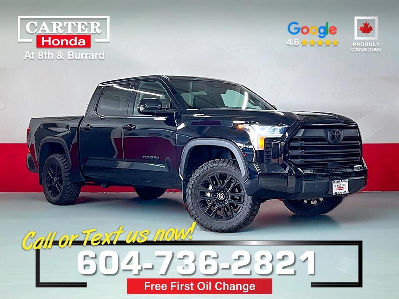 NO ACCIDENTS | ONE OWNER | BC DRIVEN

KEY FEATURES
I-force 3.4l twin-turbo v6, trailer backup guidance and a heavy-duty towing hitch receiver, fully boxed ladder frame with a multi-link rear suspension for a smoother ride, softex-trimmed, heated and ventilated power-adjustable front seats with drivers seat and mirror memory, heated leather-wrapped steering wheel, dual-zone automatic climate control, and a panoramic moonroof, 14-inch Toyota multimedia touchscreen display with wireless apple CarPlay and Android Auto, pre-collision system with pedestrian detection, lane tracing assist, dynamic radar cruise control, and automatic high beams.

Why Purchase Your Vehicle from Carter Honda?

- Your first oil change is on us
- Guaranteed 2 keys, full tank of gas, tire & rim protection for 1 year
- A truly customer-first vehicle buying experience
- Proudly exceeding customer expectations for over 50 years
- Honda Certified Used Vehicles: 7-Day or 1,000 km Exchange
- Used Vehicles (Non-Honda, Non-Certified): 5-Day or 500 km Exchange
- 4.6-star Google rating based on 3,200+ customer reviews
- Large selection of quality vehicles across popular makes and models
- CARFAX vehicle history reports available on most vehicles
- Rigorous 143-point vehicle inspection for added peace of mind
- Fast approvals with financing options for most credit situations
- We welcome trade-ins and offer competitive market value
- Multilingual staff available to assist in multiple languages

Were here to help you drive the vehicle you want, the vehicle you deserve!

QUESTIONS? GREAT! WEVE GOT ANSWERS!
CALL OR TEXT US NOW! (604) 736-2821
(Doc. Fee: $795.00 | Dealer Code: 1100)
