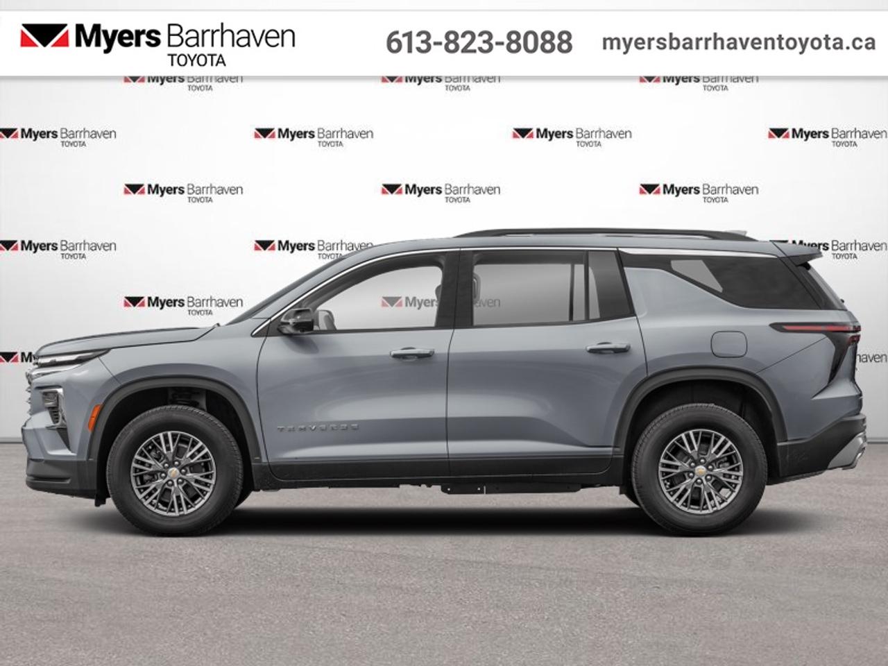 <b>Wireless Charging,  Heated Seats,  Heated Steering Wheel,  Power Liftgate,  360 Camera!</b><br> <br>  Compare at $55950 - Our Live Market Price is just $53798! <br> <br>Inside its thoughtfully designed cabin youll find intuitive connectivity, premium materials and flexible seating for up to eight passengers. This 2026 Chevrolet Traverse is fresh on our lot in Ottawa.<br> <br>The 2026 Chevrolet Traverse offers generous space, advanced connectivity and refined comfort for drivers who need a capable three-row SUV without compromise. Its interior delivers intuitive tech, premium finishes and seating designed to keep everyone comfortable on every journey. Built to support both daily routines and spirited getaways, the Traverse provides a confident, versatile ride for families and active lifestyles alike.<br> <br>This SUV has 24,720 km. Its Sterling Grey M in colour and is completely accident free based on the <a href=https://vhr.carfax.ca/?id=Ip7jWXi+zwlj3YMvgeLc0PQ9z1Mt92L7 target=_blank>CARFAX Report</a>. It has an Automatic transmission and is powered by a 328HP 2.5L 4 Cylinder Engine. <br> <br> Our Traverses trim level is LT. Standard features in this Traverse LT include heated front seats with a heated steering wheel, remote engine start, an AutoSense power liftgate for rear cargo access, adaptive cruise control, a wireless charging pad, and an expansive 17.7-inch infotainment screen with inbuilt navigation, wireless Apple CarPlay and Android Auto, and SiriusXM. Safety features also include blind zone alert, lane keep assist with lane departure warning, HD surround vision, following distance indication and forward collision alert. This vehicle has been upgraded with the following features: Wireless Charging, Heated Seats, Heated Steering Wheel, Power Liftgate, 360 Camera, Remote Start, Adaptive Cruise Control.<br> <br>To apply right now for financing use this link: <a href=https://www.myersbarrhaventoyota.ca/quick-approval/ target=_blank>https://www.myersbarrhaventoyota.ca/quick-approval/</a><br> <br/>Buy this vehicle now for the lowest bi-weekly payment of <b>$374.17</b> with $0 down for 84 months @ 6.99% APR O.A.C. ( Plus applicable taxes - Plus applicable fees ). See dealer for details. <br><br>At Myers Barrhaven Toyota we pride ourselves in offering highly desirable pre-owned vehicles. We truly hand pick all our vehicles to offer only the best vehicles to our customers. No two used cars are alike, this is why we have our trained Toyota technicians highly scrutinize all our trade ins and purchases to ensure we can put the Myers seal of approval. Every year we evaluate 1000s of vehicles and only 10-15% meet the Myers Barrhaven Toyota standards. At the end of the day we have mutual interest in selling only the best as we back all our pre-owned vehicles with the Myers *LIFETIME ENGINE TRANSMISSION warranty. Thats right *LIFETIME ENGINE TRANSMISSION warranty, were in this together! If we dont have what youre looking for not to worry, our experienced buyer can help you find the car of your dreams! Ever heard of getting top dollar for your trade but not really sure if you were? Here we leave nothing to chance, every trade-in we appraise goes up onto a live online auction and we get buyers coast to coast and in the USA trying to bid for your trade. This means we simultaneously expose your car to 1000s of buyers to get you top trade in value. <br>We service all makes and models in our new state of the art facility where you can enjoy the convenience of our on-site restaurant, shuttle van, free Wi-Fi, Enterprise Rent-A-Car, on-site tire storage, and complimentary drinks. Come see why many Toyota owners are making the switch to Myers Barrhaven Toyota. <br>*LIFETIME ENGINE TRANSMISSION WARRANTY NOT AVAILABLE FOR VEHICLES WITH KMS EXCEEDING 140,000KM, VEHICLES 8 YEARS & OLDER, HIGHLINE BRAND VEHICLES (e.g., BMW, INFINITI, CADILLAC, LEXUS), AND QUEBEC RESIDENTS.<br> Come by and check out our fleet of 110+ used cars and trucks and 20+ new cars and trucks for sale in Ottawa.  o~o