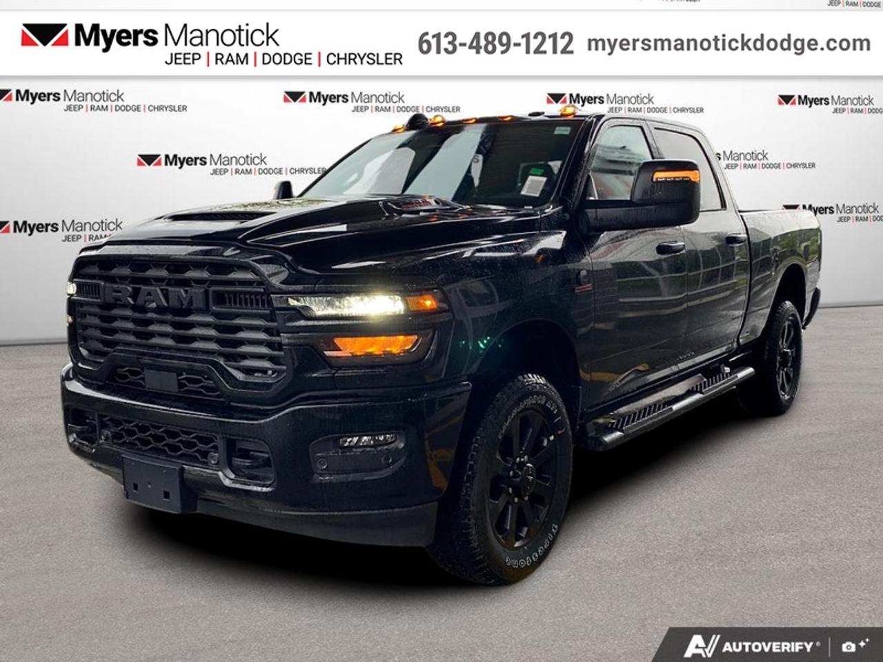 <b>Diesel Engine, Tradesman Level 1 Equipment Group, Transfer Case Skid Plate, Clearance Lamps, Bed Utility Group!</b><br> <br> Call 613-489-1212 to speak to our friendly sales staff today, or come by the dealership!<br> <br>This Ram 2500 is class-leader in the heavy-duty truck segment thanks to its refined interior, forgiving ride, and tremendous towing and hauling capabilities.<br> <br>Endlessly capable, this 2026 Ram 2500 pulls out all the stops, and has the towing capacity that sets it apart from the competition. On top of its proven Ram toughness, this Ram 2500 has an ultra-quiet cabin full of amazing tech features that help make your workday more enjoyable. Whether youre in the commercial sector or looking for serious recreational towing rig, this impressive 2500 is ready for anything that you are.<br> <br>This Diamond Black Crystal Pearl sought after diesel Crew Cab 4X4 pickup has an Automatic transmission and is powered by a Cummins 430HP 6.7L Straight 6 Cylinder Engine. <br> <br> Our 2500s trim level is Black Express. Built to handle the toughest tasks with confidence, this heavy-duty pickup blends rugged capability with smart convenience. Its durable exterior features functional touches like tow hooks, side steps, and a practical cargo bed, while the interior offers comfort and connectivity through the Uconnect 8.4-inch touchscreen, Apple CarPlay, Android Auto, and Wi-Fi hotspot access. Adaptive cruise control, power accessories, and intuitive storage enhance everyday usability, and advanced safety systems including Forward Collision Warning, Roll Stability Control, and a ParkView backup camera provide added confidence on every drive. Designed for strength, comfort, and control, its the perfect truck for work, play, and everything in between. This vehicle has been upgraded with the following features: Diesel Engine, Tradesman Level 1 Equipment Group, Transfer Case Skid Plate, Clearance Lamps, Bed Utility Group.<br><br> View the original window sticker for this vehicle with this url <b><a href=http://www.chrysler.com/hostd/windowsticker/getWindowStickerPdf.do?vin=3C63R5CL1TG301583 target=_blank>http://www.chrysler.com/hostd/windowsticker/getWindowStickerPdf.do?vin=3C63R5CL1TG301583</a></b>.<br> <br>To apply right now for financing use this link: <a href=https://CreditOnline.dealertrack.ca/Web/Default.aspx?Token=3206df1a-492e-4453-9f18-918b5245c510&Lang=en target=_blank>https://CreditOnline.dealertrack.ca/Web/Default.aspx?Token=3206df1a-492e-4453-9f18-918b5245c510&Lang=en</a><br> <br/>Total rebate of $8000 is reflected in the price. <br> Buy this vehicle now for the lowest weekly payment of <b>$282.04</b> with $0 down for 96 months @ 5.29% APR O.A.C. ( Plus applicable taxes - $1199 fees included in price **Rebates may not be applicable on all purchase types [cash, lease, or finance]. Eligibility and conditions may vary. Please see dealer for full details and confirmation of eligibility. ). Incentives expire 2026-07-31. See dealer for details. <br><br>If youre looking for a Dodge, Ram, Jeep, and Chrysler dealership in Ottawa that always goes above and beyond for you, visit Myers Manotick Dodge today! Were more than just great cars. We provide the kind of world-class Dodge service experience near Kanata that will make you a Myers customer for life. And with fabulous perks like extended service hours, our 30-day tire price guarantee, the Myers No Charge Engine/Transmission for Life program, and complimentary shuttle service, its no wonder were a top choice for drivers everywhere. Get more with Myers!<br> Come by and check out our fleet of 20+ used cars and trucks and 40+ new cars and trucks for sale in Manotick.  o~o