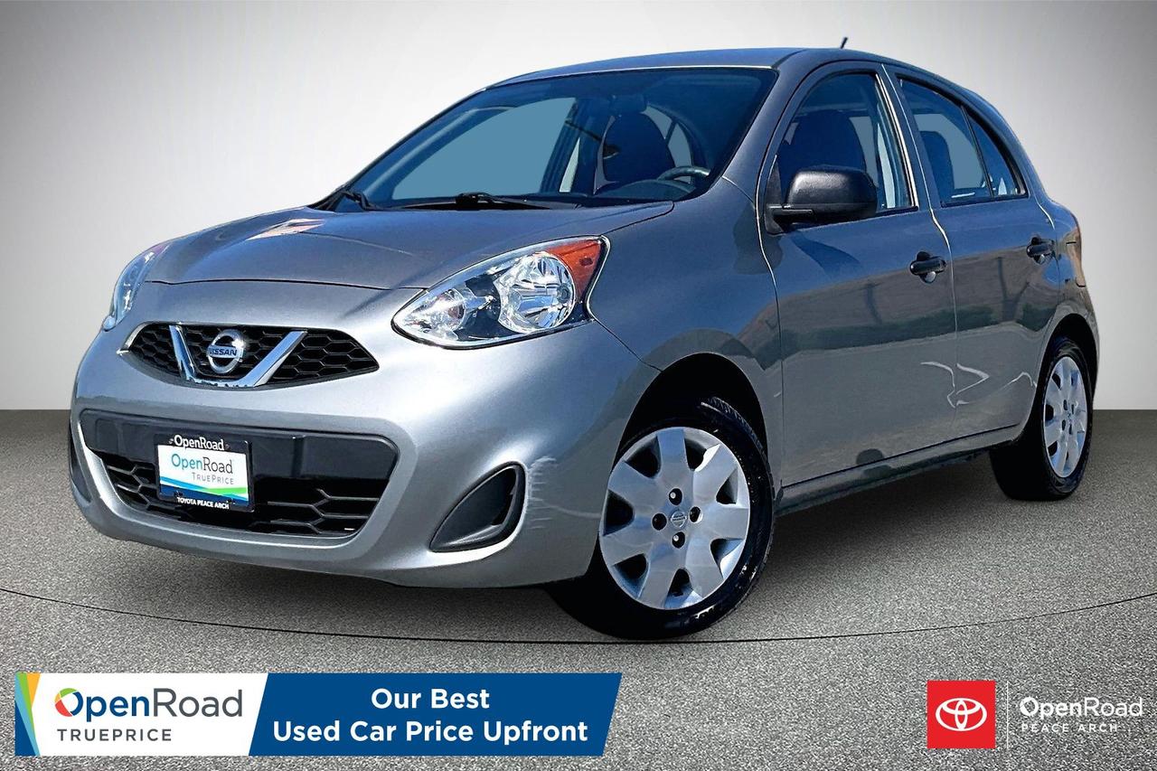 The 2015 Nissan Micra is a practical subcompact hatchback known for affordability, fuel efficiency, and easy urban maneuverability. It features a responsive 1.6-litre four-cylinder engine paired with a five-speed manual. Compact dimensions make parking simple, while the surprisingly roomy cabin offers seating for five and versatile cargo space with folding rear seats. The Micra delivers low ownership costs, excellent visibility, dependable reliability, and a comfortable ride for daily commuting and city driving.  Have confidence with your OpenRoad purchase! Every OpenRoad Certified Pre-Owned vehicle comes fully reconditioned and complete with a comprehensive 153 point mechanical inspection, a CarFax history & lien report, a 3-Day Money Back Guarantee, a 30-Day/2,000 kms Exchange Policy, a 90-Day/5,000 kms Powertrain Warranty, guaranteed clear title, and membership to our exclusive Club OpenRoad! As a proud member of the OpenRoad Auto Group, a trusted name since 2000 serving the Lower mainland (including White Rock, Surrey, Langley, Maple Ridge, Delta, Richmond, Mission and beyond) with outstanding Toyota vehicles, Toyota parts, and Toyota service since 1966! OpenRoad Toyota Peace Arch is a &ldquo;True Price&rdquo; dealer, meaning no inflated prices, and no need for back and forth haggling! We use up to the minute technology offering LIVE MARKET VALUE PRICING to ensure you are receiving the most competitive price possible on all of our Pre-Owned vehicles!  All advertised vehicle prices do not include our $699 documentation fee.