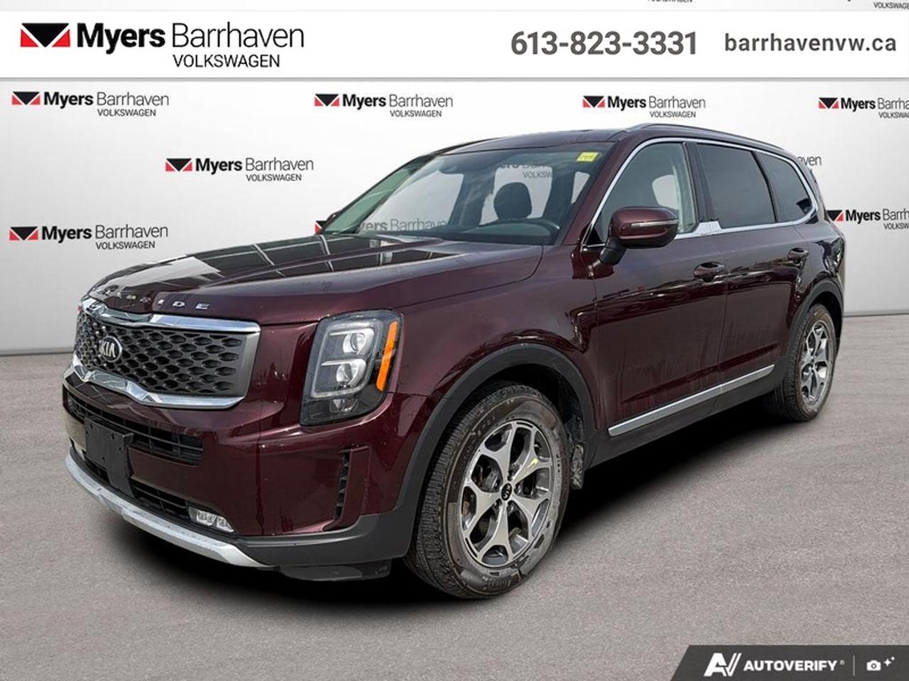 <b>Navigation,  Sunroof,  Apple CarPlay,  Android Auto,  Heated Seats!</b><br> <br> Kia has built a reputation on big ticket features in a small ticket budget. This Kia Telluride is no exception. This 2020 Kia Telluride is for sale today in Nepean.<br> <br>The 3 row SUV segment is the fastest growing in North America, and Kia has been missing out. One look at this Kia Telluride and it becomes obvious Kia was just making sure they would win the segment. With stunning feature lists across the trim levels, a price tag that you can actually afford, and capability on par with the competition, this Kia Telluride is bound to be an instant classic. For an easy award winner that can take your family further, check out this all new 2020 Kia Telluride.<br> <br>This SUV has 168,437 km. Its Sangria in colour and is completely accident free based on the <a href=https://vhr.carfax.ca/?id=u94OweUuj9QMzmaQlIkA/y8xbaxKjh27 target=_blank>CARFAX Report</a>. It has an Automatic transmission and is powered by a 291HP 3.8L V6 Cylinder Engine. <br> <br> Our Tellurides trim level is EX. This Telluride EX comes with a power sunroof, beautiful wood grain trim, satin chrome interior finishes, synthetic leather seats which are heated, a heated leather steering wheel, wireless charging and a power liftgate. Technology is top notch on this trim with lane keep assist, forward collision and blind spot mitigation, adaptive cruise with stop-and-go, driver attention warnings, obstacle detecting windows, safe exit assist and rear parking assist to keep you safe. It also comes with navigation on a 10.25 inch touchscreen, Apple CarPlay, Android Auto, UVO telematics, SiriusXM satellite radio, Bluetooth streaming audio and USB connectivity to keep you connected at all times. This SUV has the exterior style to match, with LED lighting and high beam assist, power folding heated side mirrors with built in turn signals, stylish aluminum wheels and chrome exterior accents. This vehicle has been upgraded with the following features: Navigation, Sunroof, Apple CarPlay, Android Auto, Heated Seats, Wireless Charging, Heated Steering Wheel.<br> <br>To apply right now for financing use this link: <a href=https://www.barrhavenvw.ca/financing-request/ target=_blank>https://www.barrhavenvw.ca/financing-request/</a><br> <br/><br>We are your premier Volkswagen dealership in the region. If youre looking for a new Volkswagen or a car, check out Barrhaven Volkswagens new, pre-owned, and certified pre-owned Volkswagen inventories. We have the complete lineup of new Volkswagen vehicles in stock like the GTI, Golf R, Jetta, Tiguan, Atlas Cross Sport, Volkswagen ID.4 electric vehicle, and Atlas. If you cant find the Volkswagen model youre looking for in the colour that you want, feel free to contact us and well be happy to find it for you. If youre in the market for pre-owned cars, make sure you check out our inventory. If you see a car that you like, contact 844-914-4805 to schedule a test drive.<br> Come by and check out our fleet of 30+ used cars and trucks and 110+ new cars and trucks for sale in Nepean.  o~o