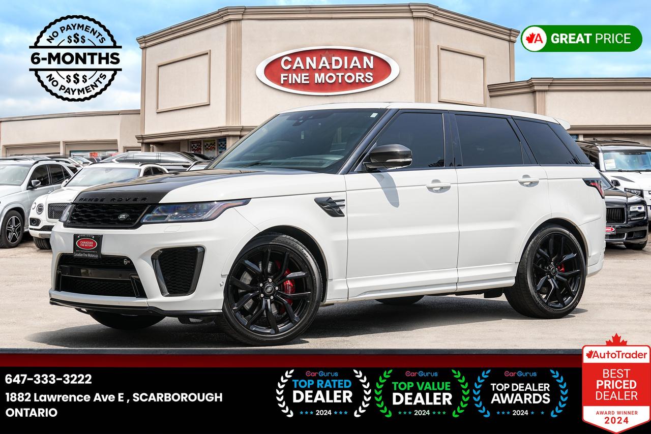 <p>ENJOY 6 MONTHS NO PAYMENT!!<br><br><br>LAND ROVER INSPECTION AVAILABLE UPON REQUEST!!<br>***CARFAX VERIFIED UPON REQUEST***<br>,<br>WHITE WITH OVER RED/BLACK LEATHER INT,<br><br><br>575 HORSEPOWER, CARBON FIBER PACKAGE, NAVIGATION, SUNROOF, HEATED SEATS, REAR, AIR CONDITIONING, CRUISE CTRL, CLIMATE CONTROL, TILT WHEEL, BACKUP CAMERA, BLUETOOTH, TRACTION CONTROL, AND MORE!<br><br><br>PRICE EXCLUDES ALL APPLICABLE TAXES AND LICENSING. ALL VEHICLES, UNLESS OTHERWISE SPECIFIED CAN BE CERTIFIED FOR AN ADDITIONAL COST OF $695. OTHERWISE AS PER REGULATIONS THE VEHICLE IS NOT CERTIFIED NOT DRIVABLE.<br><br><br>**PRICE ADVERTISED ONLINE HAS A $1500 FINANCE PURCHASING CREDIT, CASH PRICE MAY DIFFER. PLEASE CONTACT THE DEALER FOR MORE INFORMATION ON CASH PURCHASE. *DO NOT REFER TO CALCULATE MY PAYMENT TAB FOR CASH PURCHASE. **<br><br><br>***FINANCING AVAILABLE**DEFERRAL OPTION AVAILABLE UP TO 6 MONTHS (NO PAYMENTS FOR 6 MONTHS)**INTEREST NOT INCLUDED IN DEFERRAL & EXTRA SUBJECT TO O.A.C</p>