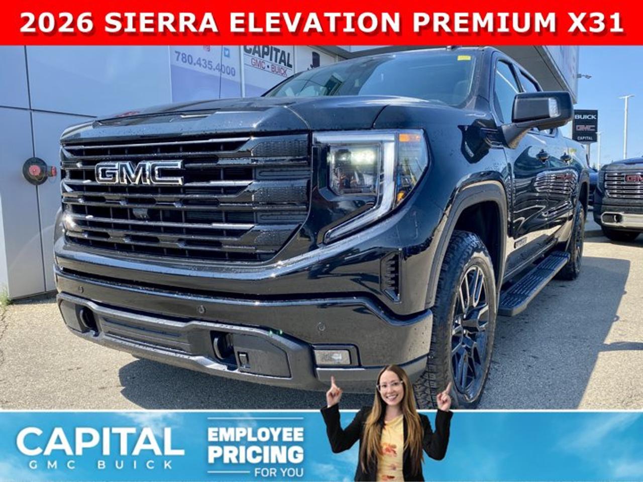 Take a look at this 2026 GMC SIERRA 1500 Elevation Premium Package... Fully Equipped with Power Sunroof, BLACK PACKAGE, Heated Leather BUCKET Seats, X31 OFF-ROAD Package, ALL-WEATHER FLOOR MATS, Heated Steering, Adaptive Cruise Control, Dual Exhaust, 360 CAM, 6 Assist Steps, Black Emblems, MultiPro Tailgate, Integrated Brake Controller, Wireless Charger, Blind Zone monitoring, and so much more!Ask for the Internet Department for more information or book your test drive today! Text 587-400-9276 for fast answers at your fingertips!AMVIC Licensed Dealer - Licence Number B1044900Disclaimer: All prices are plus GST and include all cash credits and loyalties. See dealer for details. AMVIC Licensed Dealer # B1044900