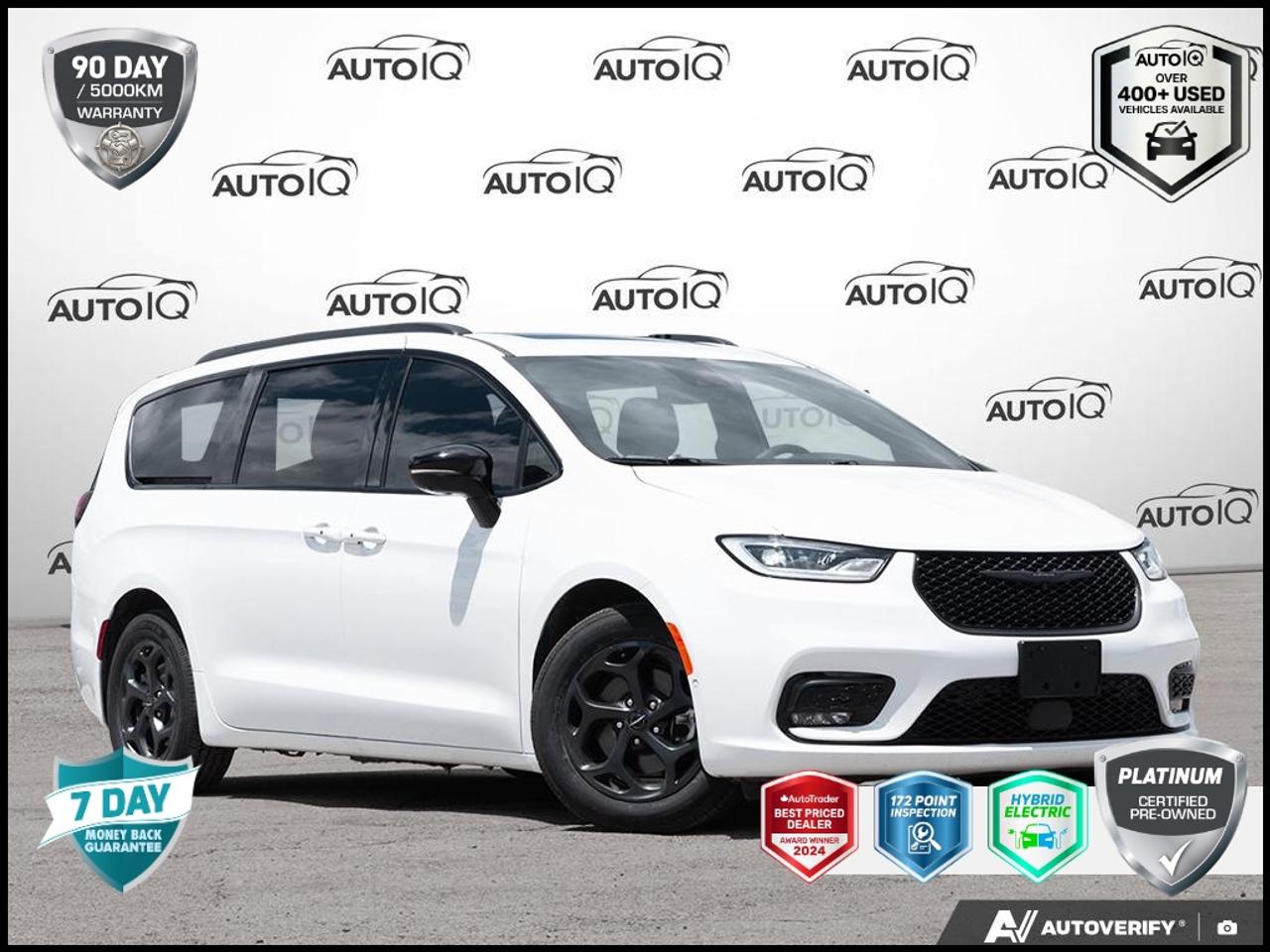 CARFAX One Owner, No Reported Accidents | Estimated 51km Electric Range | S Appearance Package | Heated/Vented Leather Seats | Heated Steering<br><br>Remote Start, Pentastar 3.6L V6 VVT, 13 Alpine Speakers, 360 Surround-View Camera, 3rd row seats: split-bench, 4-Wheel Disc Brakes, 506-Watt Amplifier, 6 Speakers, ABS brakes, Active Noise Control System, Air Conditioning, AM/FM radio: SiriusXM 360L, Anodized Ink Badging, Apple CarPlay/Android Auto, Auto High-beam Headlights, Automatic temperature control, Axle Ratio: TBD, Black Daylight Opening Mouldings, Black Stow N Place Roof Rack, Brake assist, Bumpers: body-colour, Caprice Leatherette Bucket Seats, Compass, Delay-off headlights, Door auto-latch, Driver door bin, Driver vanity mirror, Drivers Seat Mounted Armrest, Dual front impact airbags, Dual front side impact airbags, Electronic Stability Control, Emergency communication system: Chrysler Connect, Exterior Mirrors w/Memory Settings, Exterior Mirrors w/Turn Signals, Four wheel independent suspension, Front anti-roll bar, Front Bucket Seats, Front dual zone A/C, Front Fascia Air Deflectors, Front fog lights, Front Illuminated Cup Holders, Front Power Sunroof Shade, Front reading lights, Front Ventilated Seats, Full Sunroof w/Power Front & Fixed Rear, Fully automatic headlights, Gloss Black Exterior Mirrors, Hands-Free Power Liftgate, Heated door mirrors, Heated Exterior Mirrors, Heated front seats, Heated steering wheel, Heavy-Duty Suspension, Illuminated entry, Illuminated Map Pockets & Puddle Lamps, Knee airbag, Low tire pressure warning, Memory seat, Occupant sensing airbag, Outside temperature display, Overhead airbag, Overhead console, Panic alarm, Parallel & Perpendicular Park Assist, Park-Sense Front/Rear Park Assist w/Stop, ParkView Rear Back-Up Camera, Passenger door bin, Passenger seat mounted armrest, Passenger vanity mirror, Power 2-Way Passenger Lumbar Adjust, Power 8-Way Adjustable Front Seats, Power door mirrors, Power driver seat, Power Folding Exterior Mirrors, Power Liftgate, Power steering, Power windows, Power Windows w/Front & Rear 1-Touch, Quick Order Package 2ET Premium S Appearance, Radio data system, Radio: Uconnect 5 Nav w/10.1 Display, Rain sensing wipers, Rear air conditioning, Rear reading lights, Rear window defroster, Rear window wiper, Reclining 3rd row seat, Remote keyless entry, Safety Sphere, Satin Silver Instrument Panel Bezel, Security system, Silver Metal Brushed Hydro Accents, Speed control, Split folding rear seat, Spoiler, Steering wheel mounted audio controls, Telescoping steering wheel, Tilt steering wheel, Traction control, Trip computer, Turn signal indicator mirrors, Variably intermittent wipers, Voltmeter, Wheels: 18 x 7.5 S-Model Aluminum.<br><br>Bright White Clearcoat<br>2024 Chrysler Pacifica Hybrid Select Premium S Appearance<br>4D Passenger Van<br>Pentastar 3.6L V6 VVT CVT<br>FWD<p> </p>

<h4>PLATINUM CERTIFIED PRE-OWNED VEHICLE</h4>

<p>
- 36-point Provincial Safety Inspection<br>
- 172-point inspection combined mechanical, aesthetic, functional inspection including a vehicle report card<br>
- Warranty: 90-days or 5,000 KM on inspected mechanical items, factory extended options eligible for warranty up to 200,000 KM<br>
- Complimentary CARFAX Vehicle History Report<br>
- 3X Provincial safety standard for tire tread depth<br>
- 3X Provincial safety standard for brake pad thickness<br>
- 7 Day Money Back Guarantee*<br>
- Market Value Report provided<br>
- Guaranteed 2 keys/key fobs and door code (if equipped)<br>
- Equipped vehicles include a complimentary 3 month Sirius satellite radio subscription!<br>
- Complimentary full interior detailing and carpet shampoo<br>
- Paintless dent repair and/or touch-ups for applicable body panels<br>
- Vehicle scanned for open recall notifications from manufacturer
</p>

<p>SPECIAL NOTE: This vehicle is reserved for AutoIQs retail customers only. Please, no dealer calls. Errors & omissions excepted.</p>

<p>*As-traded, specialty or high-performance vehicles are excluded from the 7-Day Money Back Guarantee Program (including, but not limited to Ford Shelby, Ford mustang GT, Ford Raptor, Chevrolet Corvette, Camaro 2SS, Camaro ZL1, V-Series Cadillac, Dodge/Jeep SRT, Hyundai N Line, all electric models)</p>