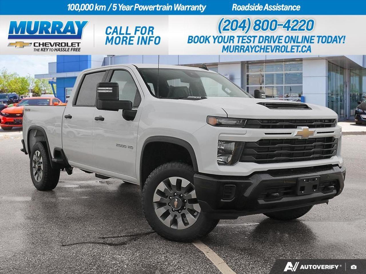 * ENGINE BLOCK HEATER * * CUSTOM VALUE PACKAGE * * GOOSENECK/5TH WHEEL PREP PACKAGE *  Experience the power of the all-new 2026 Chevrolet Silverado 2500HD Custom, a remarkable crew cab pickup available now in Winnipeg. Designed for those who demand both performance and versatility, this truck is equipped with a commanding 6.6L V8 engine, delivering an impressive 401 horsepower and 629 N-m of torque. The direct injection and variable valve timing ensure optimal performance, whether youre on the highway or tackling tough terrain.  Seamlessly paired with a 10-speed automatic transmission, the Silverado 2500HD provides smooth and responsive shifts, enhancing both efficiency and driving enjoyment. The Custom Value Package elevates your driving experience with features like power-adjustable trailering mirrors, perimeter lighting, and an auto-dimming rearview mirror, ensuring convenience and safety on every journey.  For those who need extra towing capabilities, the Gooseneck/5th Wheel Prep Package is a game-changer. It includes a hitch platform with tray to accept a ball, stamped bed holes with removable caps, and a bed-mounted 7-pin trailer harness, making it the ideal companion for your heavy-duty hauling needs. Ride in style and comfort with a sleek Summit White exterior and Jet Black cloth seats, complemented by advanced tech like Bluetooth Connection and a Back-Up Camera, keeping you connected and secure on every drive.  Dealer Permit #1740
