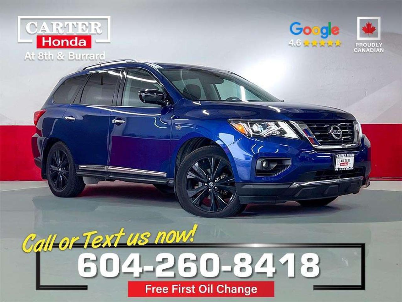 ONE OWNER | LOCALLY DRIVEN | LOW KILOMETERS- FULL SERVICE HISTORY IN PRINT (DEALER DOES NOT REPORT TO CARFAX). Robust 3.5l V6 engine (284 hp), standard All-Wheel Drive, and a class-leading 2,721 kg (6,000 lbs) towing capacity, 20-inch machined aluminum-alloy wheels, motion-activated power liftgate, dual-panel panoramic moonroof and roof rails, 7-passenger seating with leather-appointed upholstery, tri-zone automatic climate control, heated and cooled (ventilated) front seats, heated second-row seats and heated steering wheel, Ez-flex second-row seating system, 8.0-inch touchscreen with Nissan connect navigation, mobile apps, and voice recognition, 13-speaker Bose premium audio system, around view monitor (360-degree aerial camera) with moving object detection, intelligent cruise control and forward emergency braking, blind spot warning and rear cross-traffic alert.

CARTER HONDA INSIGHTS
FULL SERVICE HISTORY IN PRINT (DEALER DOES NOT REPORT TO CARFAX)
Front brakes at 6/10 mm. Rear brakes are at 8/10 mm. Front and rear 20" tires are at 9/10 32nds. 1 rear bumper claim fixed by ICBC for $3,315.

Why Purchase Your Vehicle from Carter Honda?

- Your first oil change is on us
- Guaranteed 2 keys, full tank of gas, tire & rim protection for 1 year
- A truly customer-first vehicle buying experience
- Proudly exceeding customer expectations for over 50 years
- Honda Certified Used Vehicles: 7-Day or 1,000 km Exchange
- Used Vehicles (Non-Honda, Non-Certified): 5-Day or 500 km Exchange
- 4.6-star Google rating based on 3,200+ customer reviews
- Large selection of quality vehicles across popular makes and models
- CARFAX vehicle history reports available on most vehicles
- Rigorous 143-point vehicle inspection for added peace of mind
- Fast approvals with financing options for most credit situations
- We welcome trade-ins and offer competitive market value
- Multilingual staff available to assist in multiple languages

Were here to help you drive the vehicle you want, the vehicle you deserve!

QUESTIONS? GREAT! WEVE GOT ANSWERS!
CALL OR TEXT US NOW! 604-260-8418
(Doc. Fee: $795.00 | Dealer Code: 1100)